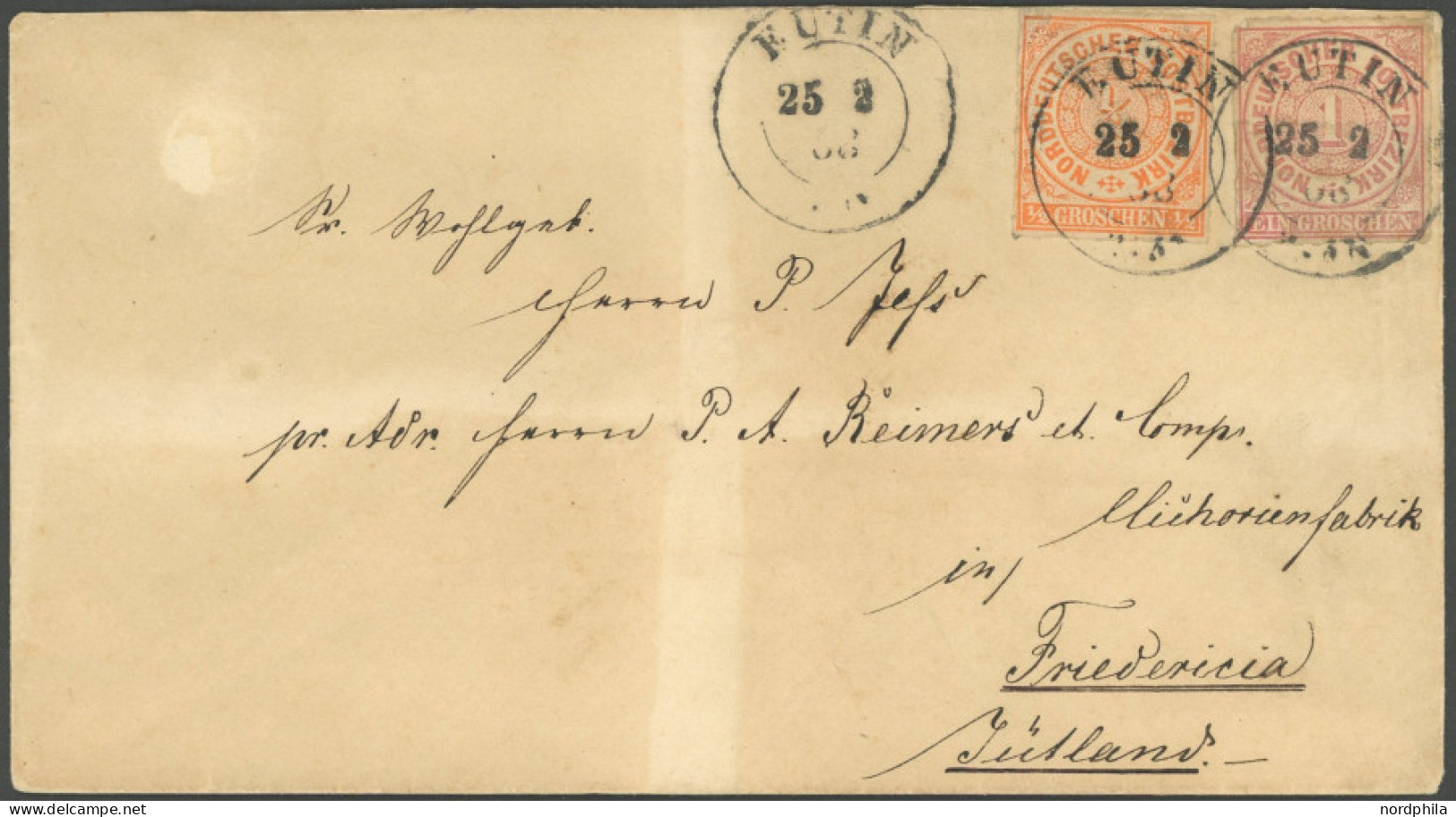 NDP 3,4 BRIEF, 1868, 1/2 Gr. Orange Und 1 Gr. Mittelrötlichkarmin Mit K2 EUTIN Auf Brief Nach Dänemark, Feinst (etwas Un - Other & Unclassified
