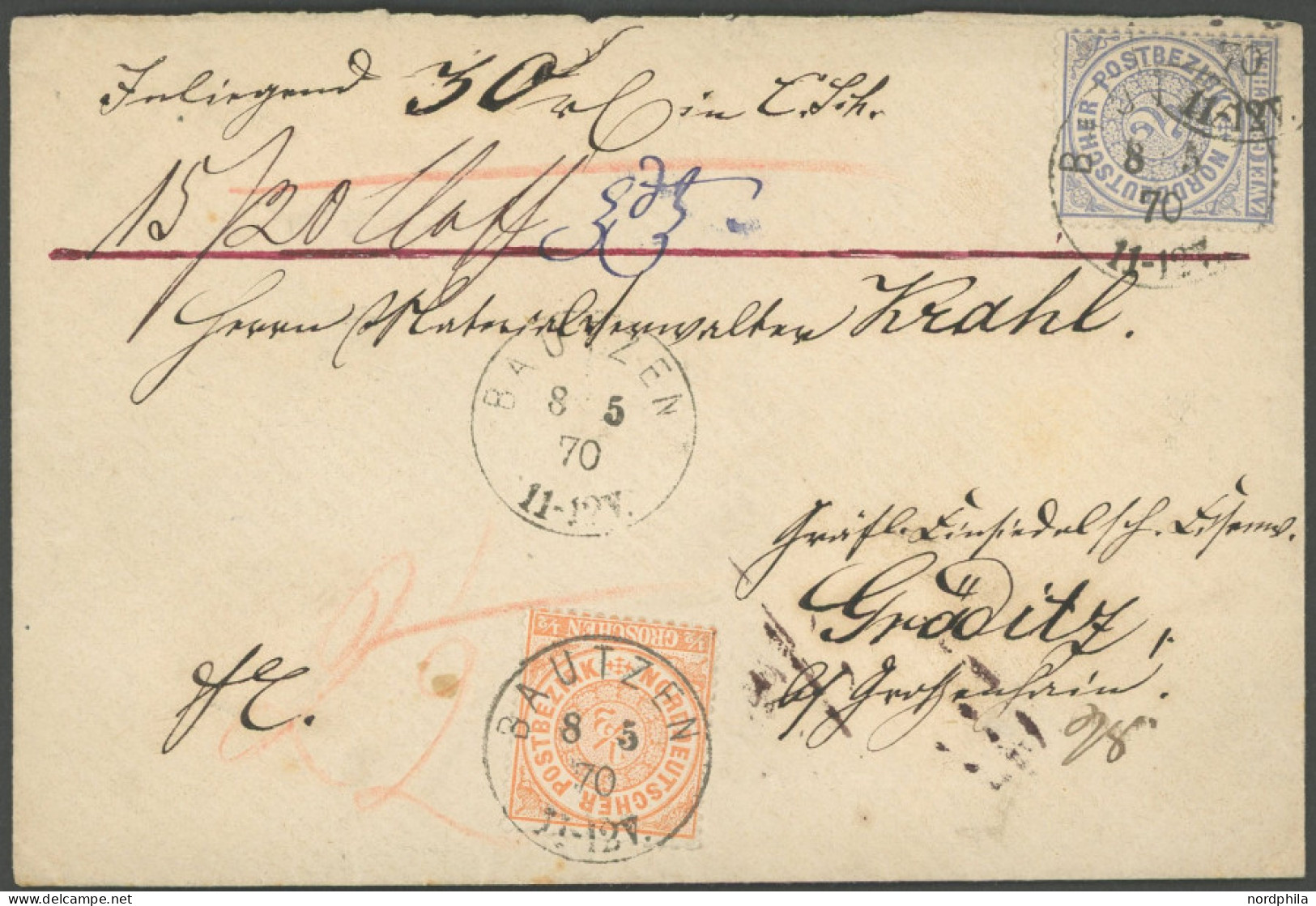 NDP 15,17 BRIEF, 1870, 5 Gr. Olivbraun Auf Gesiegeltem Geldbrief Von BAUTZEN Nach Görlitz, Pracht - Andere & Zonder Classificatie