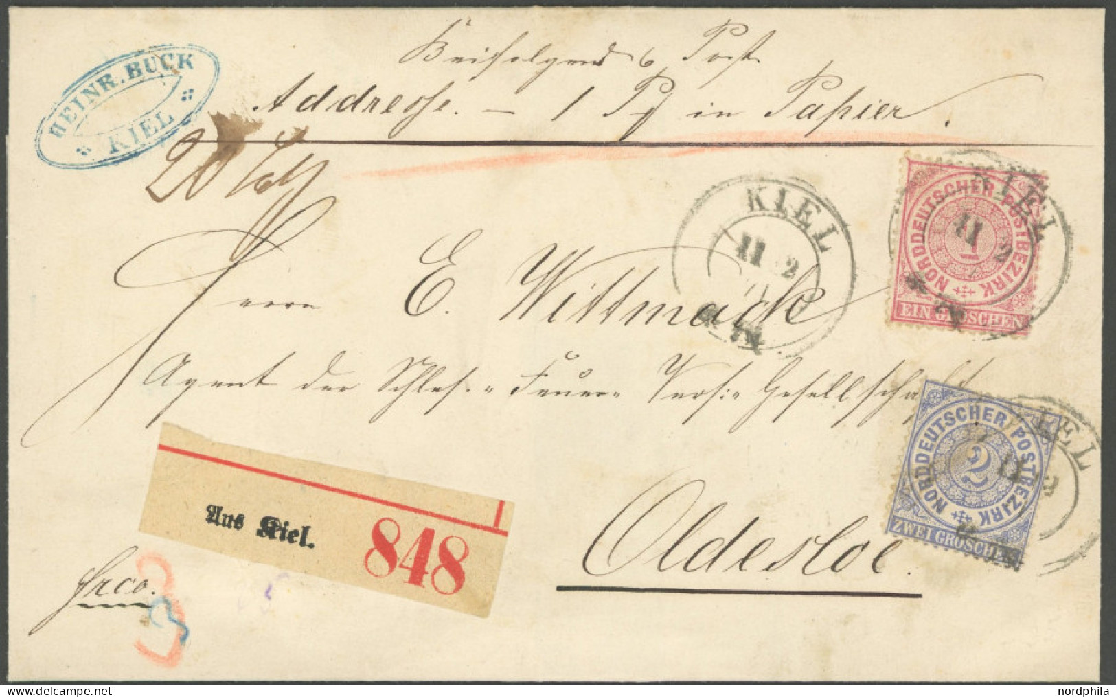 NDP 16/7 BRIEF, 1871, 1 Gr. Karmin Und 2 Gr. Graublau Auf Paketbegleitbrief Von KIEL Nach Oldesloe, Feinst - Other & Unclassified