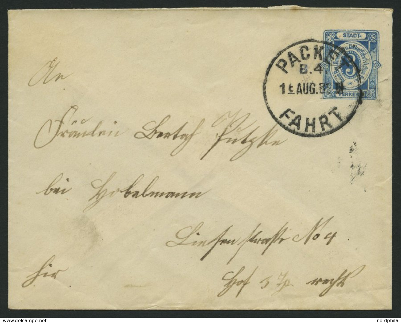 BERLIN B U BRIEF, PACKETFARHT GESELLSCHAFT: 1890, 3 Pf. Blau, Ganzsachenumschlag, Bedarfsbrief, Pracht - Private & Lokale Post