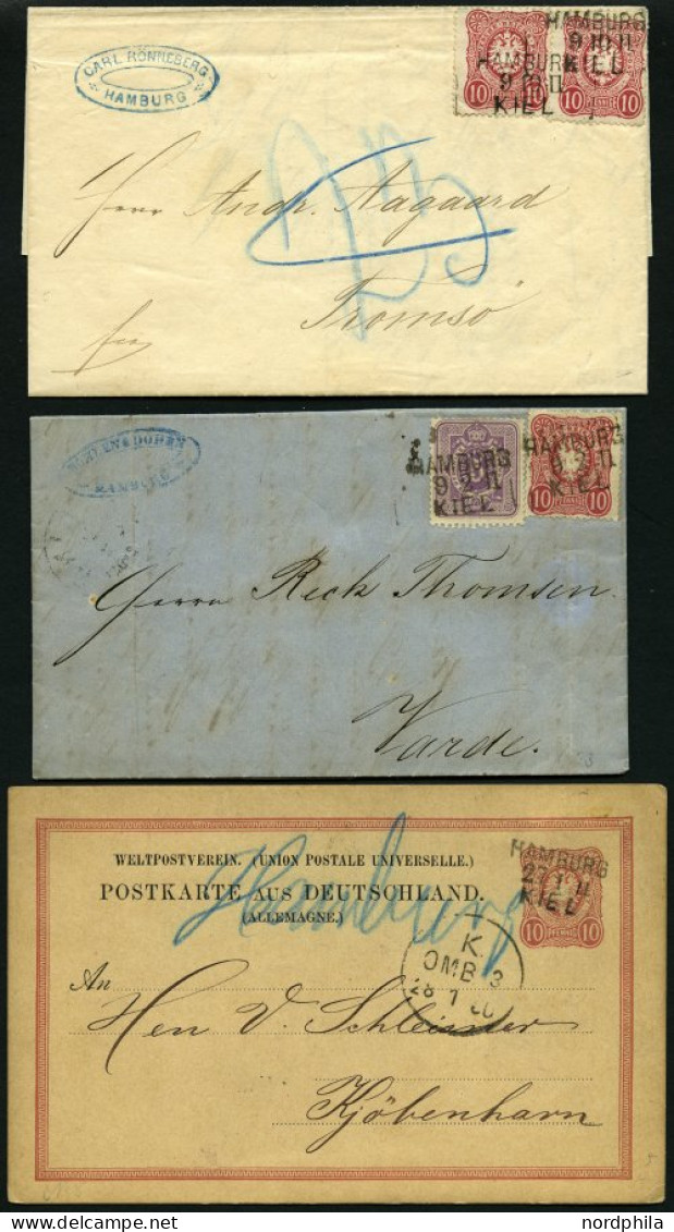 BAHNPOST DR 32/3 BRIEF, Hamburg-Kiel, L3, 1875-1880, 4 Belege Nach Dänemark, Dabei 2 Ganzsachenkarten Sowie 2 Briefe Mit - Máquinas Franqueo (EMA)