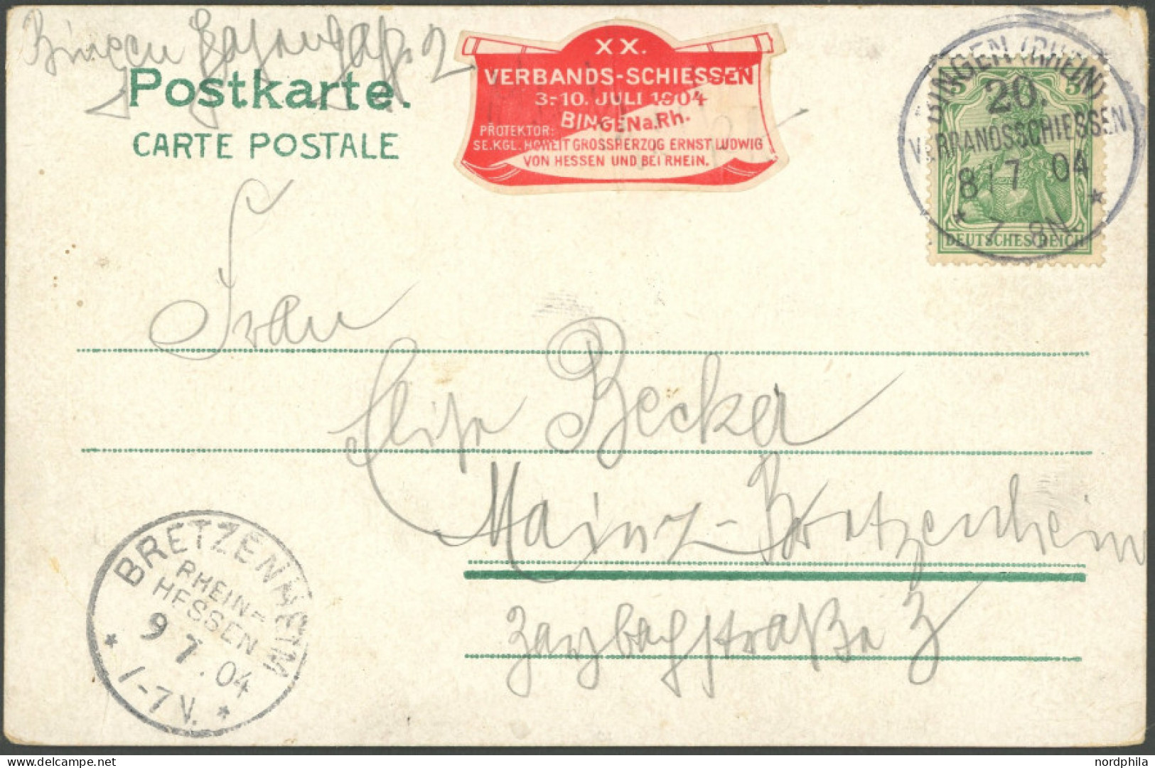 SST Bis 1918 01 BRIEF, BINGEN 20. VERBANDSSCHIESSEN 8/7 04, Auf Gruss Aus... Karte Dto. Mit 20 Pf. Germania, Feinst - Lettres & Documents