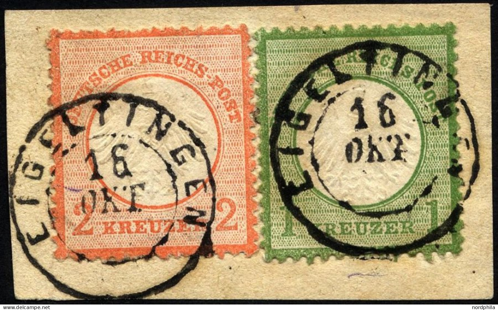 Dt. Reich 7/8 BrfStk, 1872, 1 Kr. Gelblichgrün Und 2 Kr. Ziegelrot Auf Briefstück Mit K2 EIGELTINGEN, Pracht (Marken Zur - Gebruikt