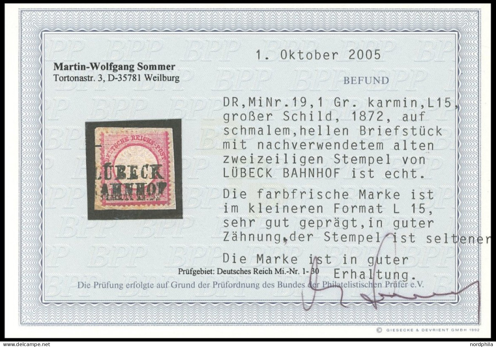 Dt. Reich 19 BrfStk, 1872, 1 Gr. Rotkarmin, Kleines Format (L 15) Auf Briefstück Mit L2 LÜBECK BAHNHOF, Prachtbriefstück - Otros & Sin Clasificación