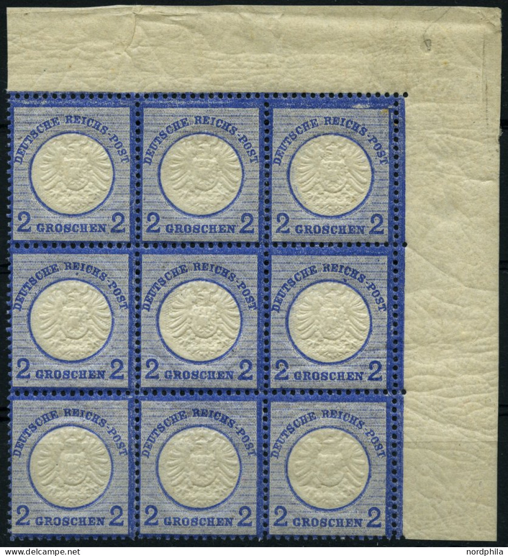 Dt. Reich 20 , 1872, 2 Gr. Ultramarin Im Postfrischen Neunerblock Aus Der Rechten Oberen Bogenecke, Dabei Die Plattenfeh - Unused Stamps