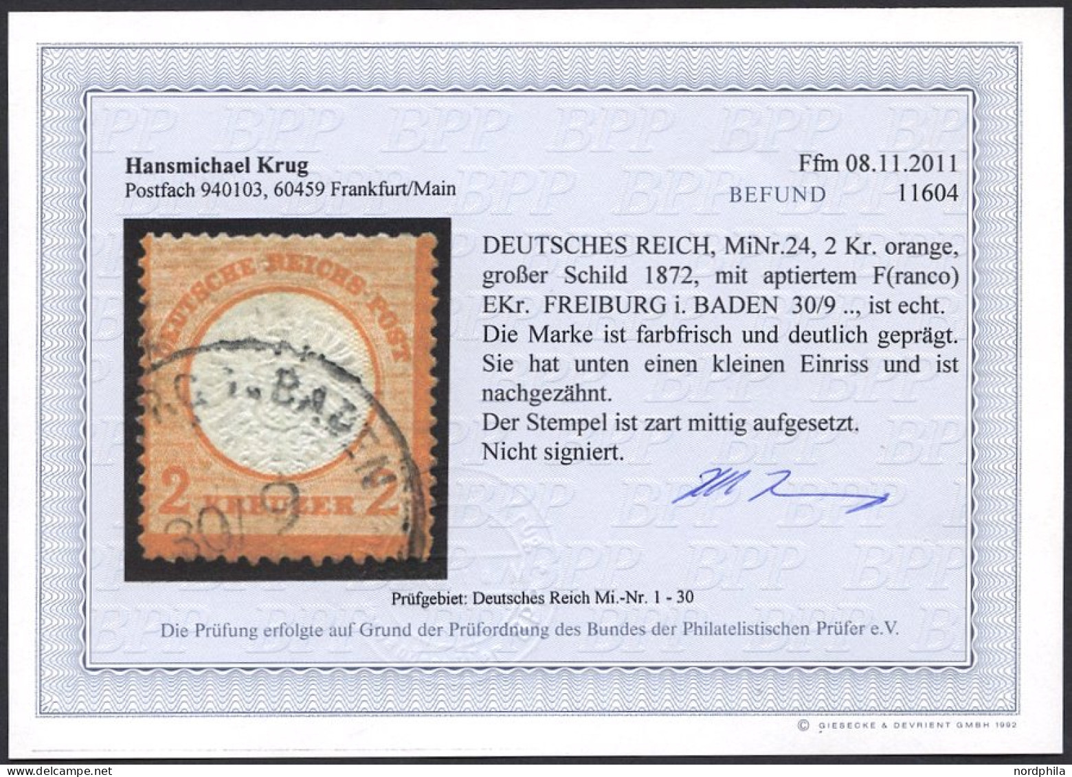 Dt. Reich 24 O, 1872, 2 Kr. Orange, K1 FREIBURG IN BADEN, Fotobefund Krug: Die Marke Ist Farbfrisch Und Deutlich Geprägt - Usados