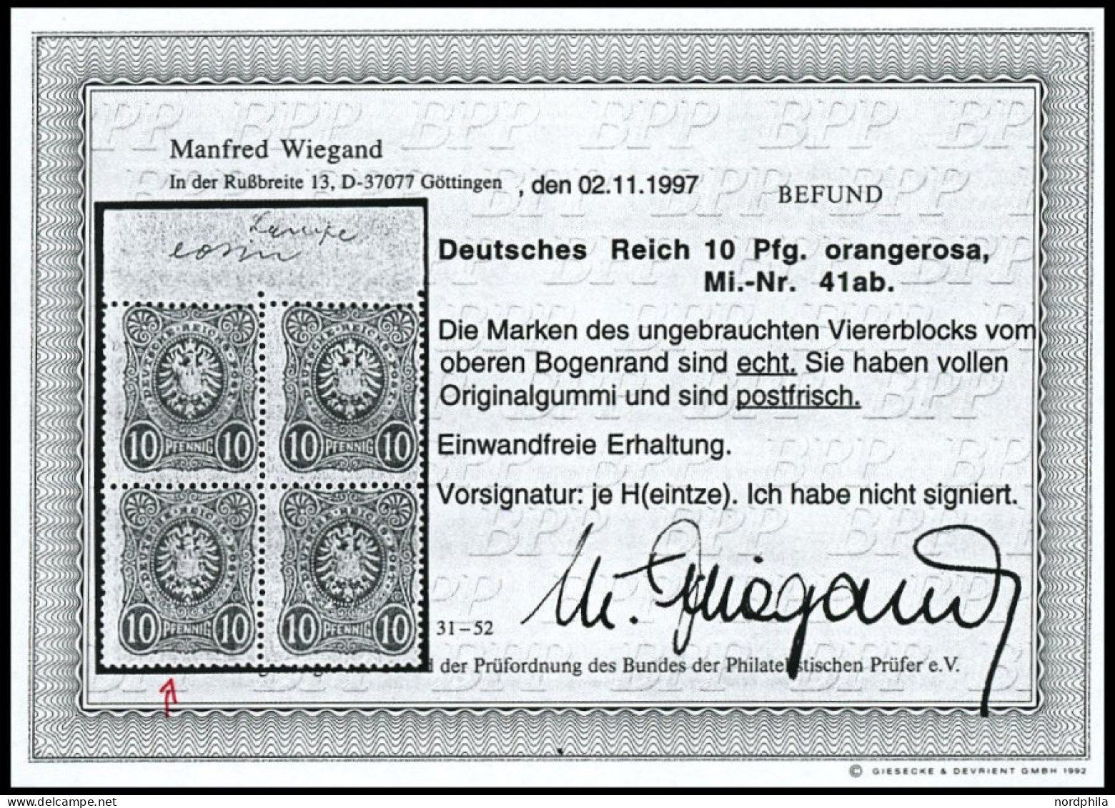 Dt. Reich 41ab , 1880, 10 Pf. Eosin, Postfrisch, Pracht, Attestkopie Wiegand Eines Ehemaligen Viererblocks, Mi. 80.- - Nuevos