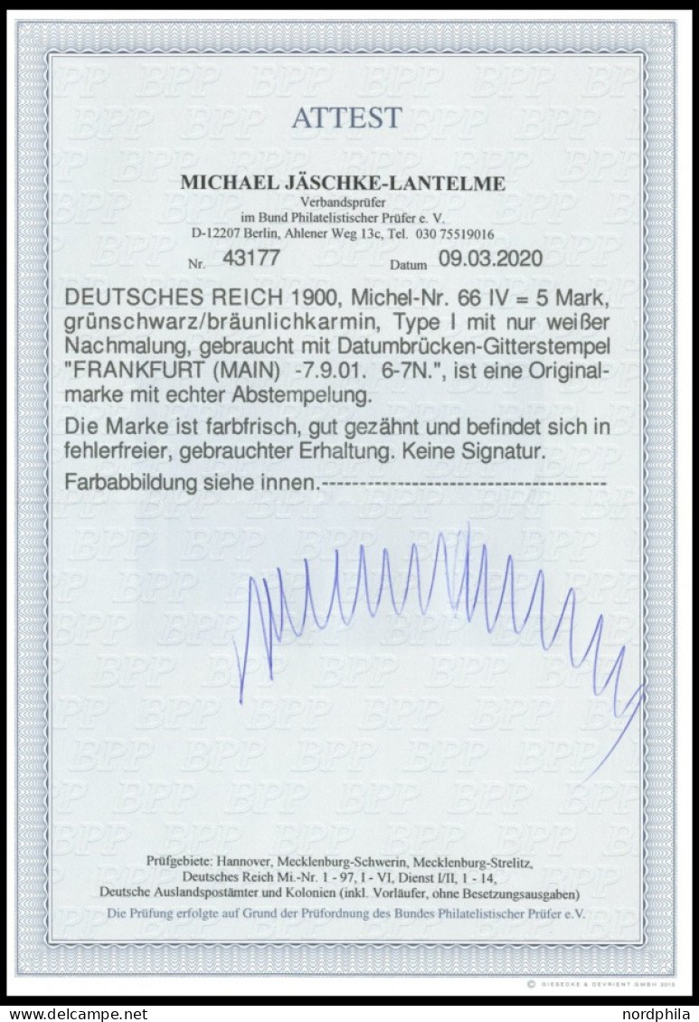 Dt. Reich 66IV O, 1900, 5 M. Reichspost, Type I, Nachmalung Nur Mit Deckweiß, Pracht, Fotoattest Jäschke-L., Mi. 800.- - Usados