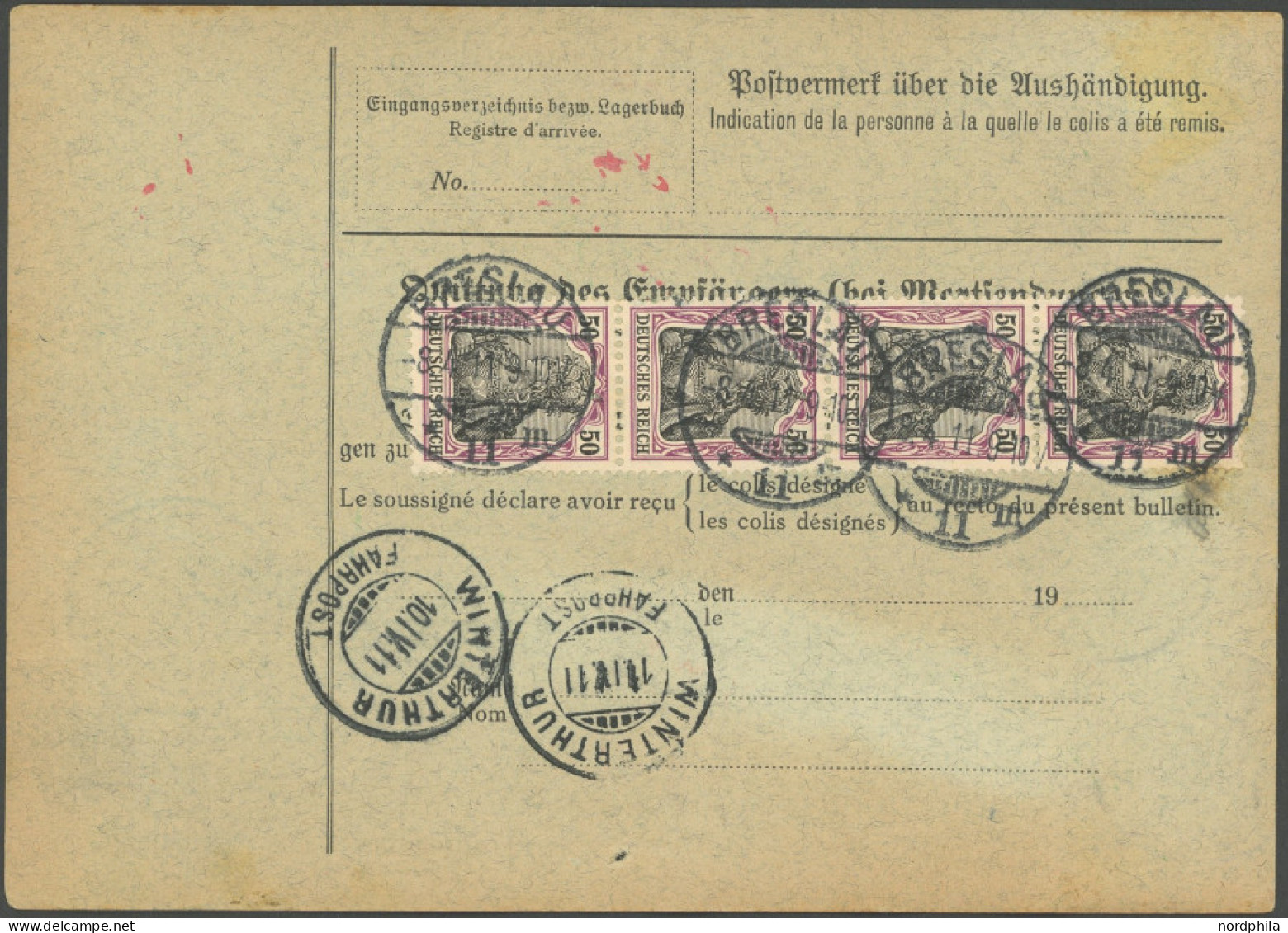 Dt. Reich 87I,91I BRIEF, 1911, 20 (2x) Und 50 Pf. (4x) Friedensdruck Auf Paketkarte Von BRESLAU Nach Winterthur, Pracht - Autres & Non Classés
