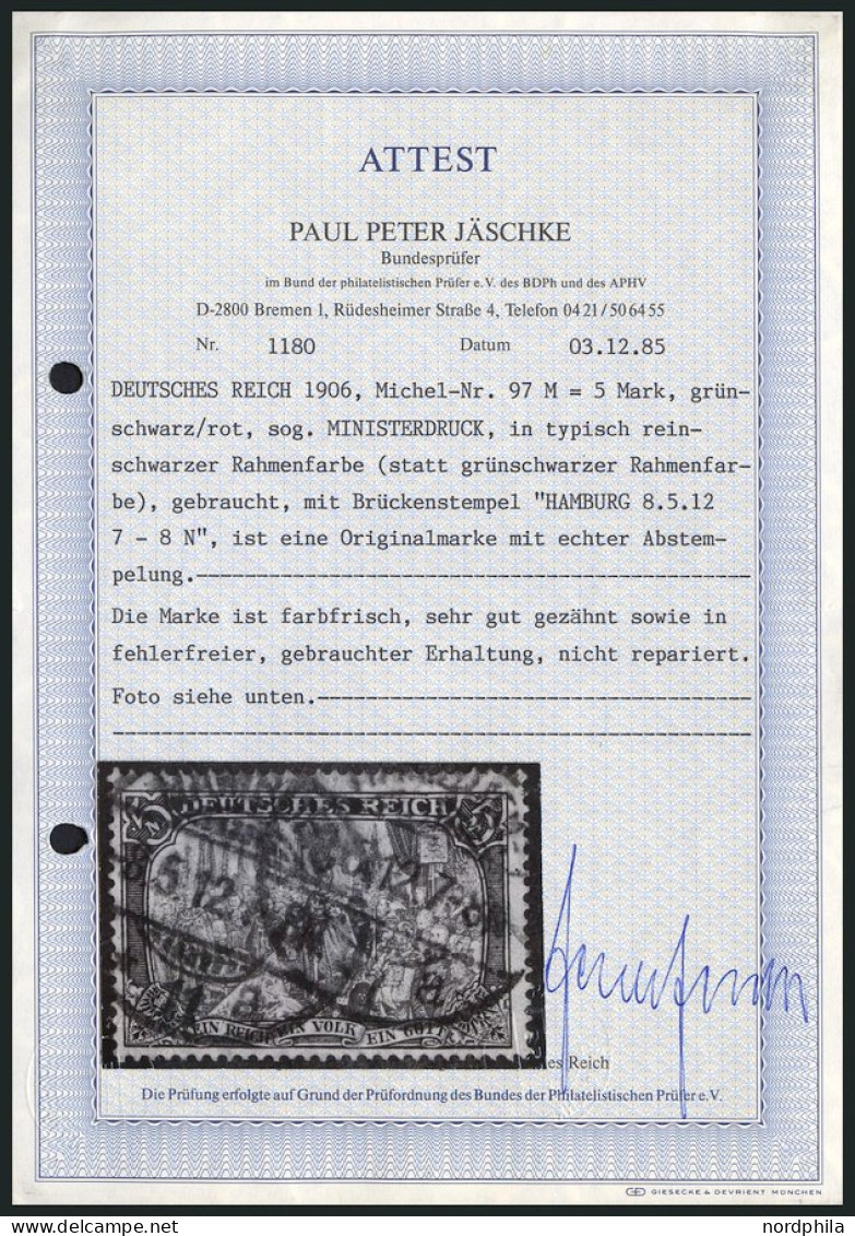 Dt. Reich 97AIM O, 1905, 5 M. Ministerdruck, Rahmen Dunkelgelbocker Quarzend, Pracht, Fotoattest Jäschke, Mi. 2000.- - Used Stamps