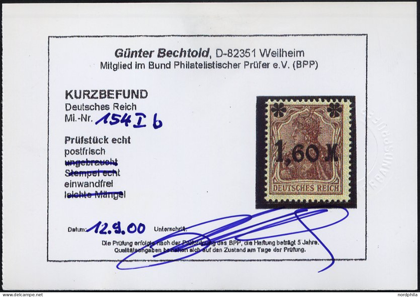 Dt. Reich 154Ib , 1921, 1.60 M. Auf 5 Pf. Dunkelbraun, Aufdruck Mattglänzend, Pracht, Fotobefund Bechtold, Mi. 230.- - Ongebruikt