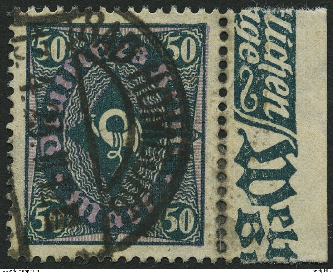 Dt. Reich 209PY O, 1922, 50 M. Schwarzbläulichgrün, Wz. Kreuzblüten, Vom Rechten Rand, Pracht, Gepr. Peschl, Mi. (1100.- - Usati