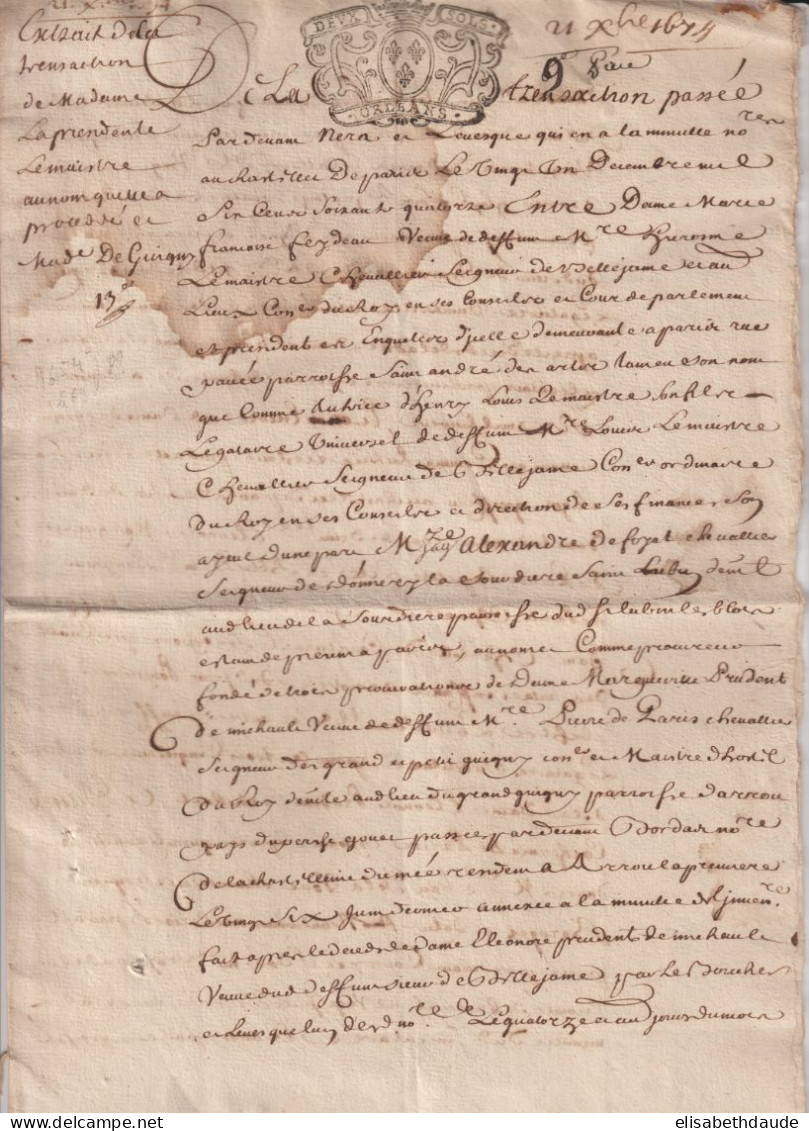 1674 - PAPIERS TIMBRES DEUX SOLS ORLEANS (2 FEUILLES) ! EXTRAIT DE TRANSACTION - ....-1700: Précurseurs