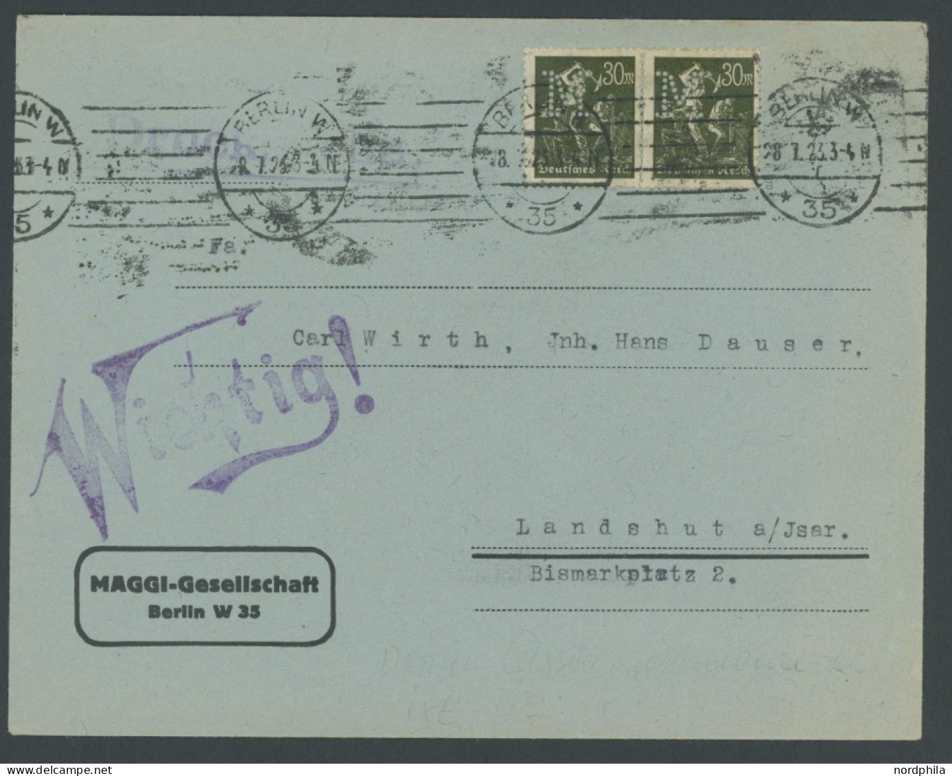 Dt. Reich 243b Paar BrfStk, 1923, 30 M. Schwarzoliv Im Waagerechten Paar Als Mehrfachfrankatur Mit Firmenlochung M ( Mag - Cartas & Documentos