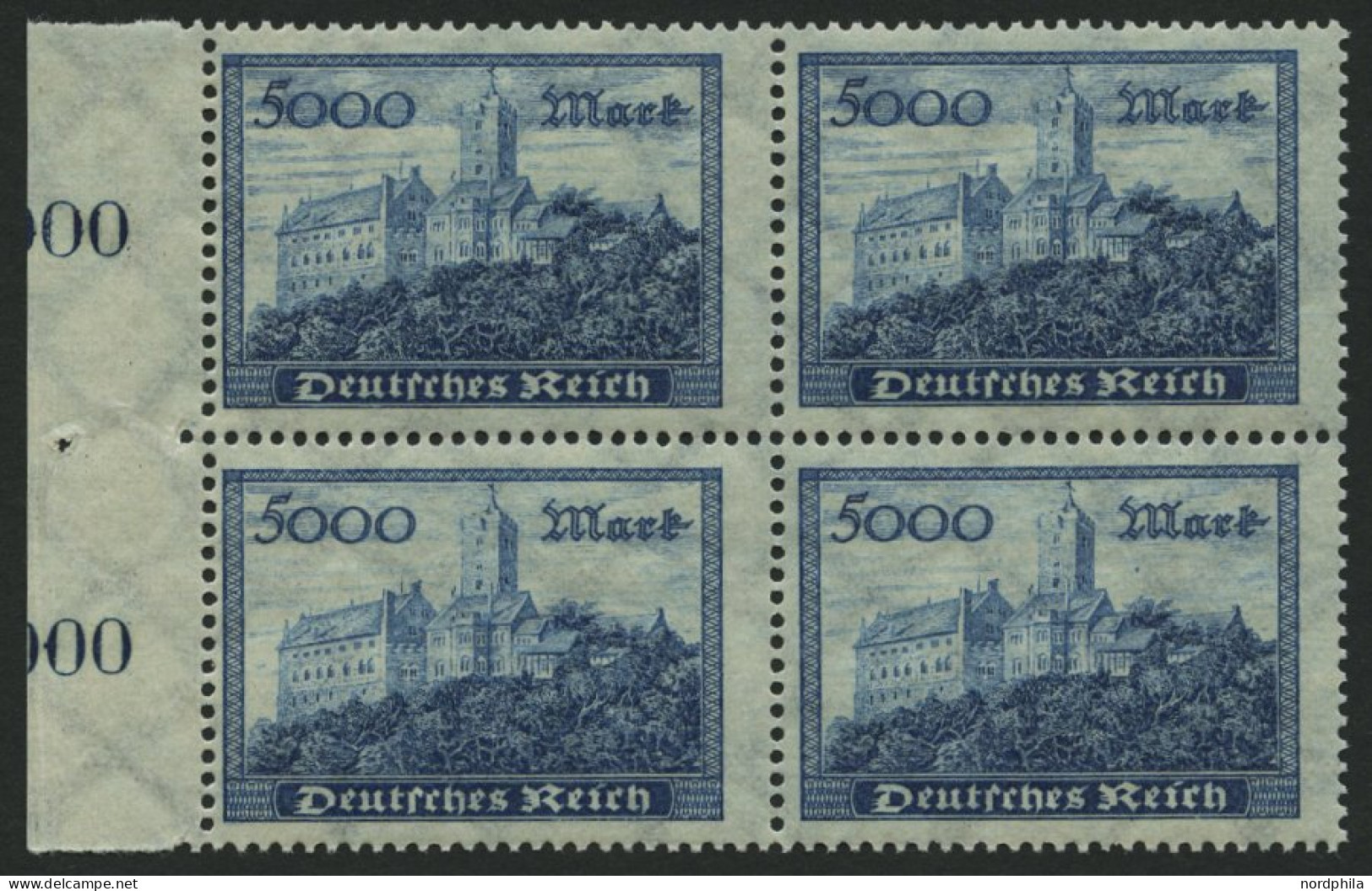 Dt. Reich 261b VB , 1923, 5000 M. Dunkelgrünlichblau Im Randviererblock, Pracht, Gepr. Infla, Mi. 88.- - Ongebruikt