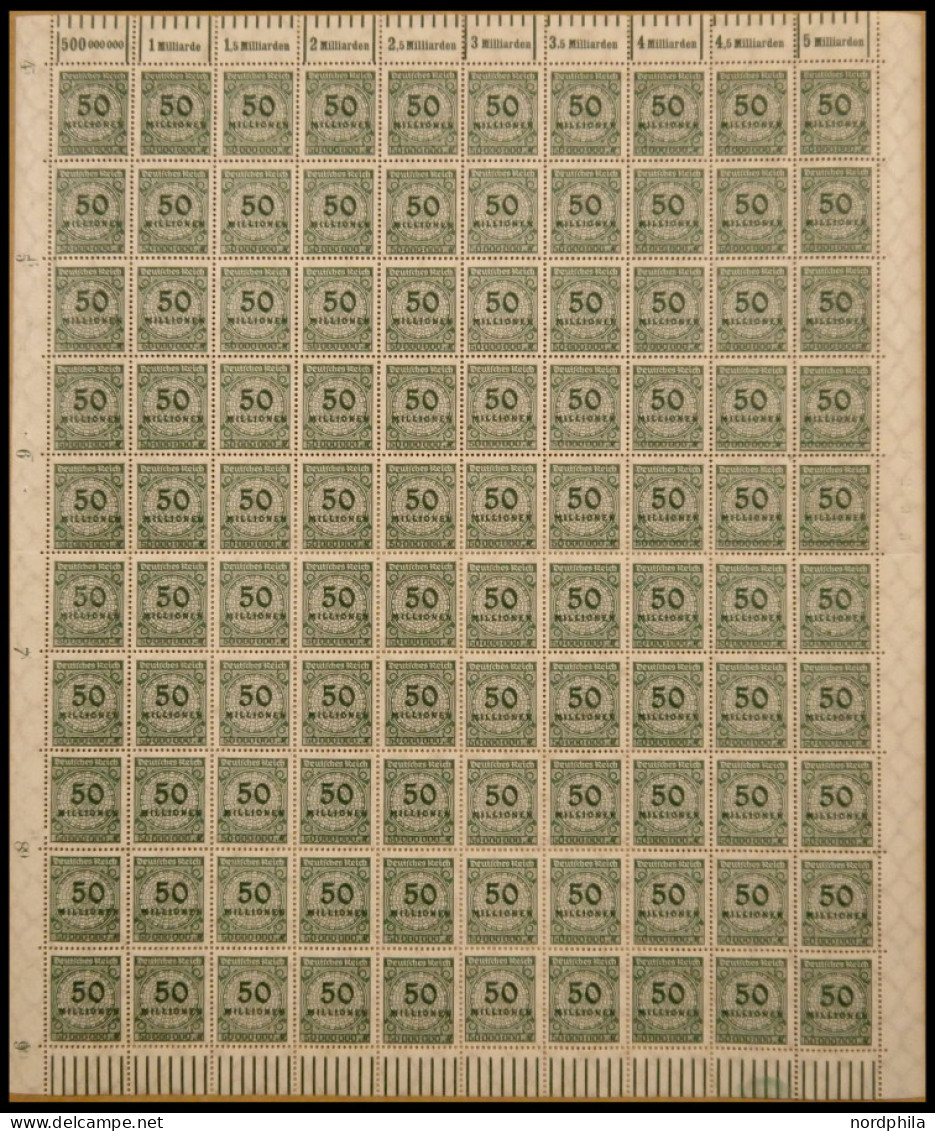 Dt. Reich 321AWb , 1923, 50 Mio. M. Blaugrün, Gezähnt, Im Bogen (100), Dabei Walzendruck 6-mal Oberrand 1`5`1 Und 4-mal  - Sonstige & Ohne Zuordnung