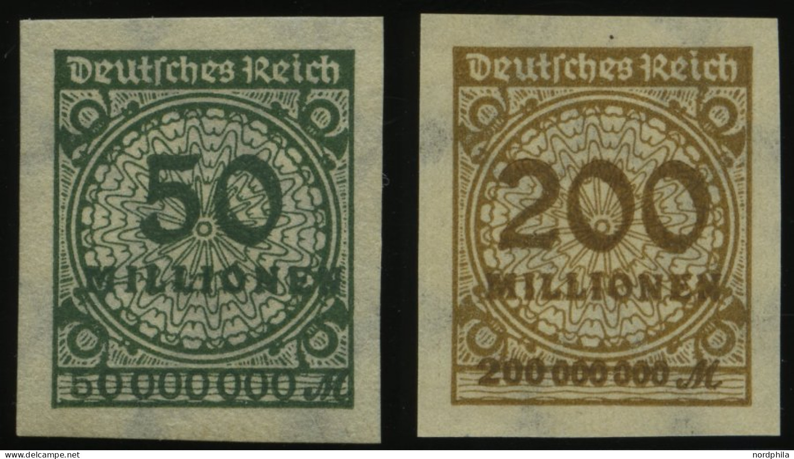 Dt. Reich 321U,323AU , 1923, 50 Mio. M. Dunkelgrünoliv Und 200 Mio. M. Ockerbraun, Ungezähnt, 2 Prachtwerte, Mi. 200.- - Ungebraucht