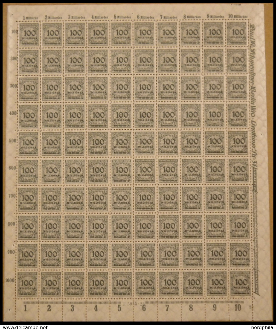 Dt. Reich 322 , 1923, 100 Mio. M. Dunkelgrünlichgrau Im Bogen (100), Plattendruck Oberrand A HAN 5955.23, Postfrisch, Pr - Otros & Sin Clasificación