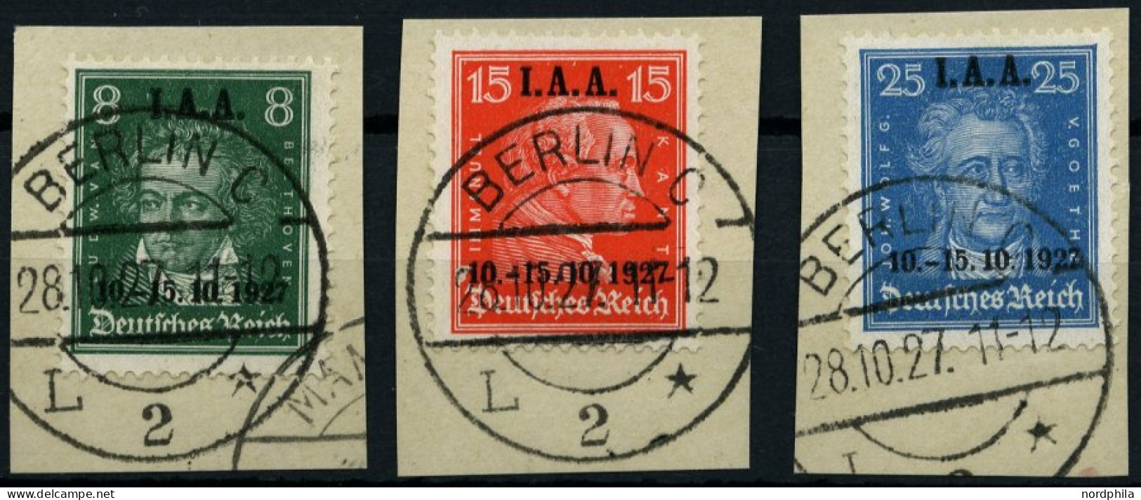 Dt. Reich 407-09 BrfStk, 1927, I.A.A., Prachtsatz Auf Briefstücken, Gepr. Schlegel, Mi. (250.-) - Usados