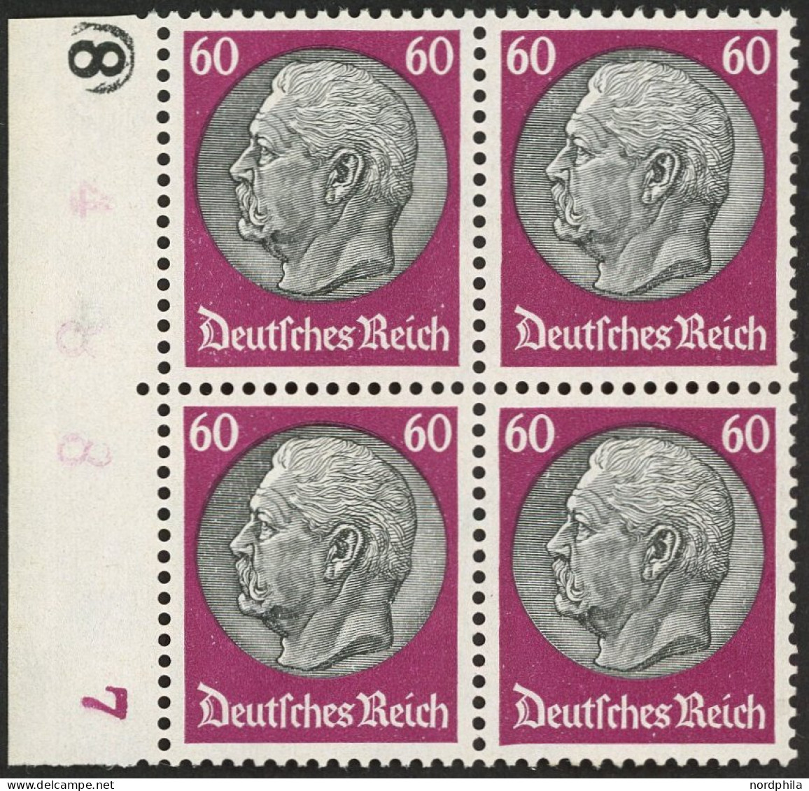 Dt. Reich 493 VB , 1933, 60 Pf. Hindenburg, Wz. 2, Im Linken Randviererblock Mit Bogennummer, Postfrisch, Pracht, Mi. (1 - Other & Unclassified