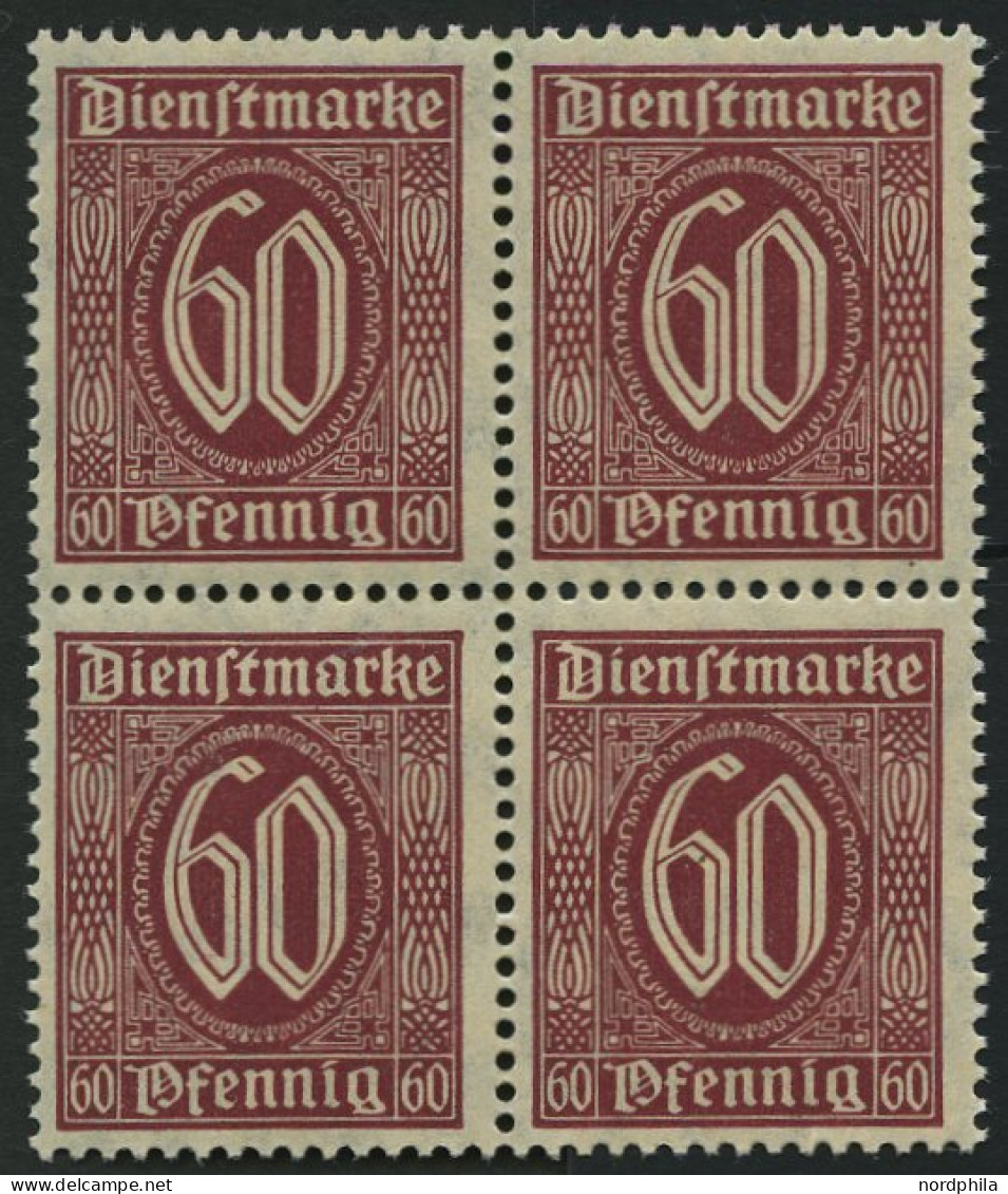 DIENSTMARKEN D 66b VB , 1921, 60 Pf. Dunkelbräunlichkarmin Im Viererblock, Pracht, Gepr. Infla, Mi. 60.- - Oficial