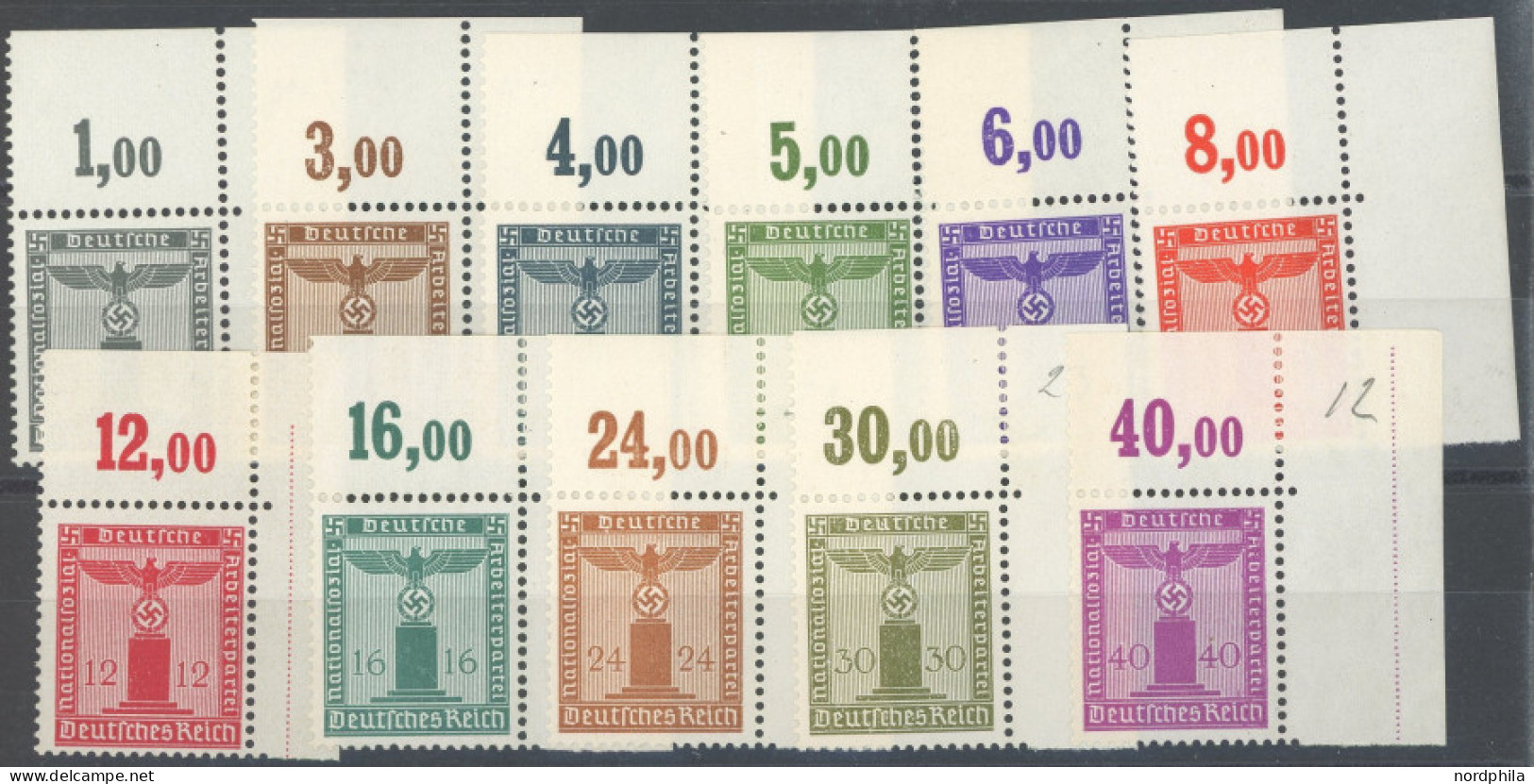 DIENSTMARKEN D155-65 , 1942, Dienstmarken Der Partei, Ohne Wasserzeichen, Je Aus Der Rechten Bogenecke, Postfrisch Prach - Dienstzegels