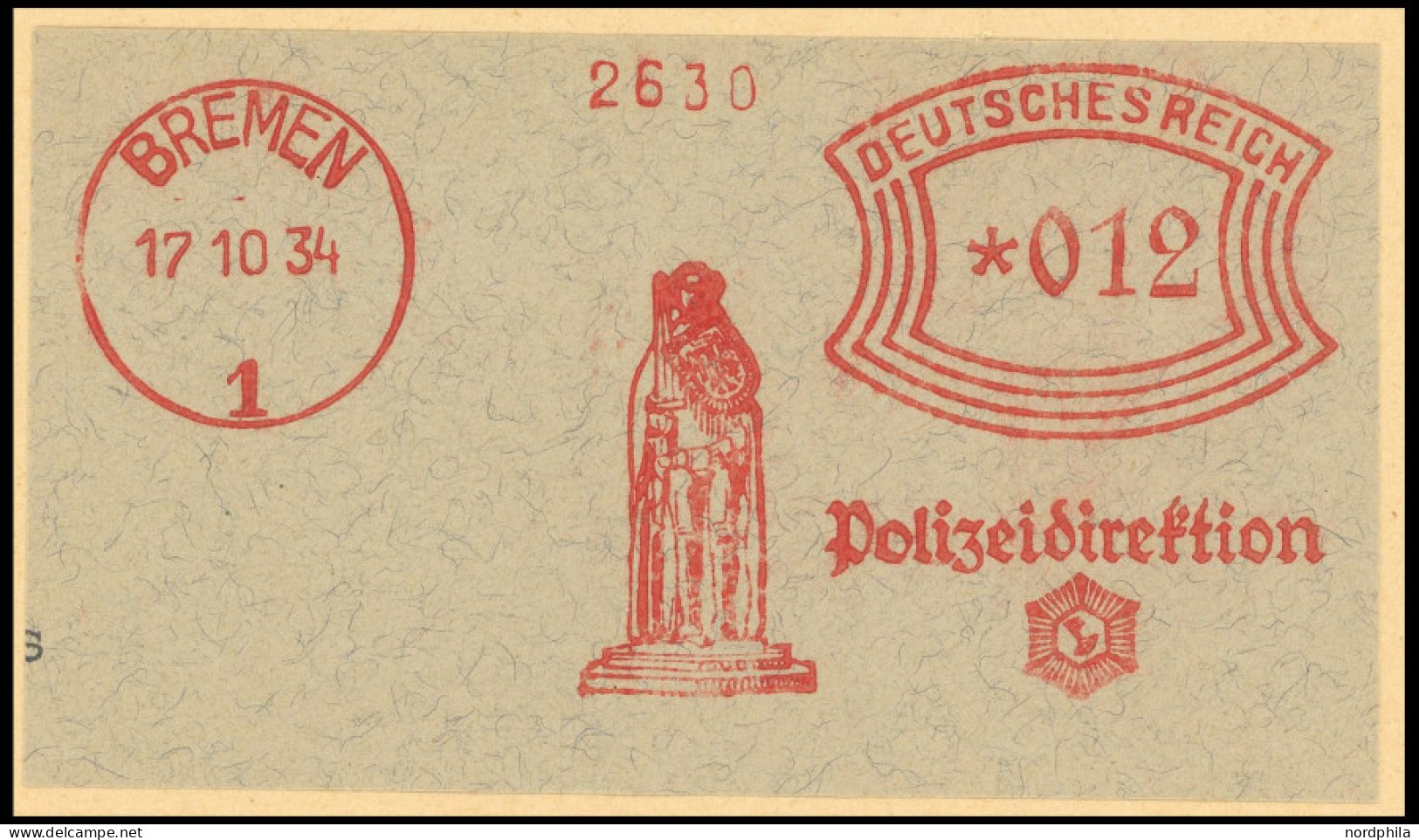DIENSTMARKEN D BrfStk, 1934, Freistempler Der Polizeistation Bremen Mit Roland Und P-Stern, Pracht - Service