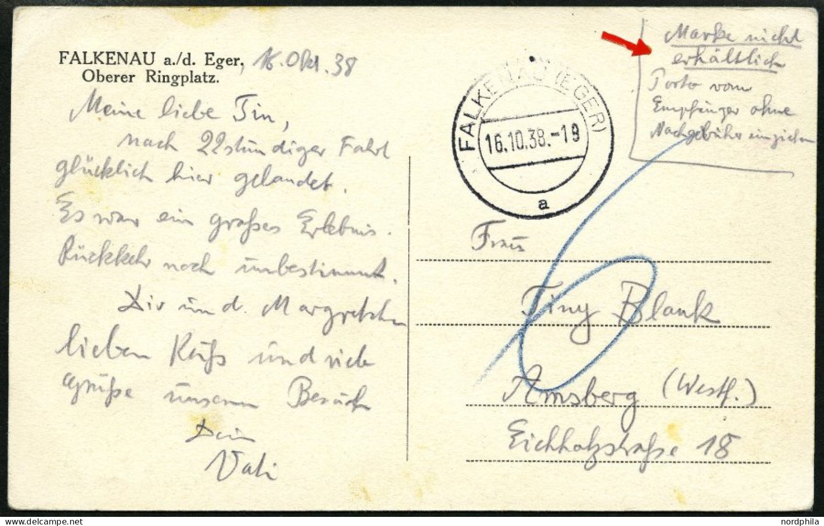 DIENSTMARKEN 1938, Ansichtskarte Aus FALKENAU, Handschriftlicher Postaufgabevermerk: Marke Nicht Erhältlich, Porto Vom E - Service