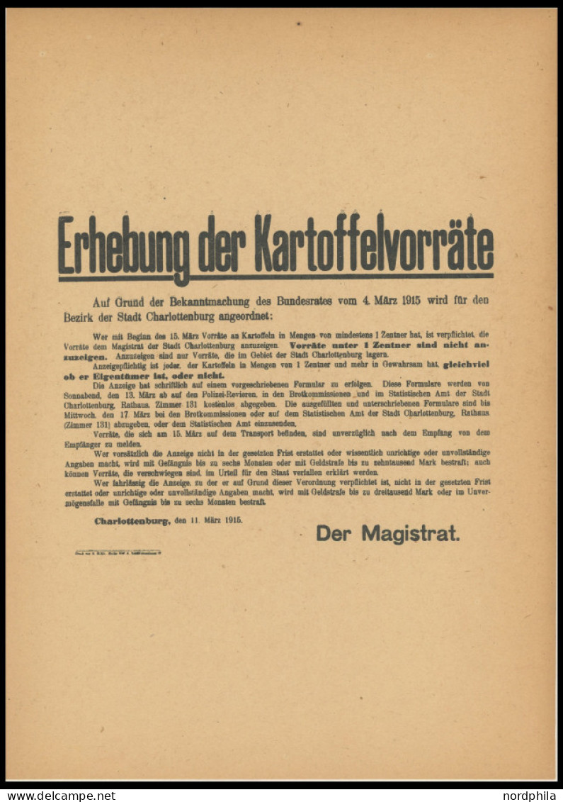 LOTS 1915, Charlottenburg, Erhebung Der Kartoffelvorräte, Plakat, Pracht - Andere & Zonder Classificatie