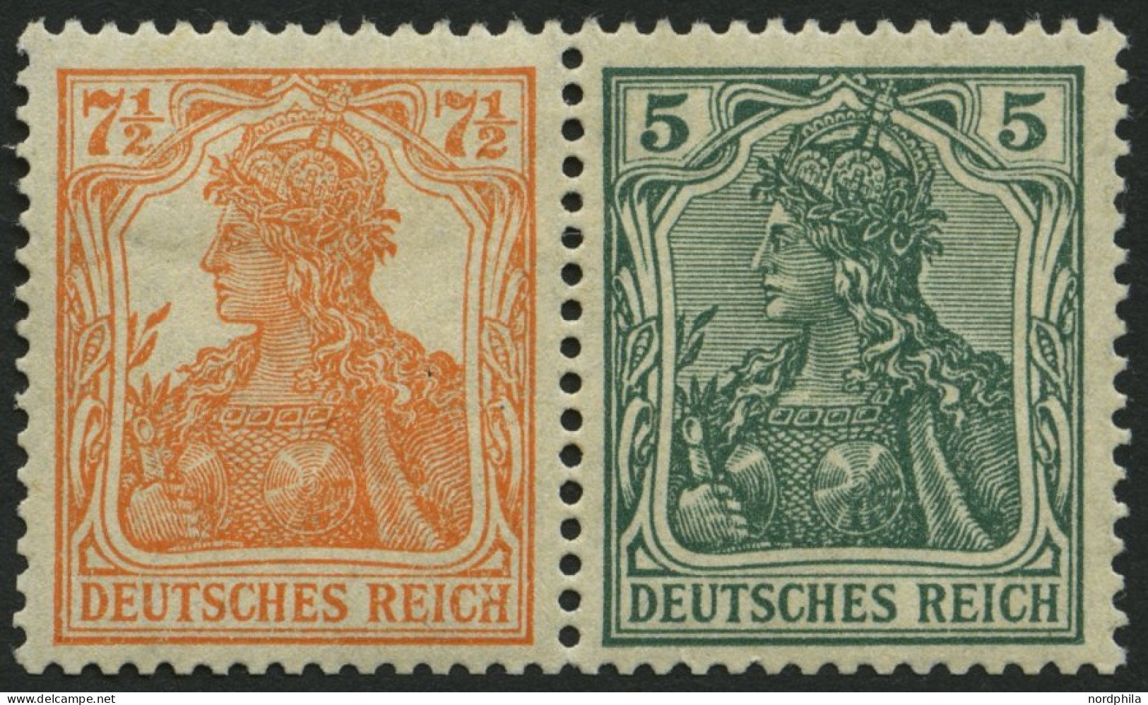 ZUSAMMENDRUCKE W 6ab , 1918, Germania 71/2 + 5, Falzreste, Pracht, Kurzbefund Bauer, Mi. 180.- - Se-Tenant