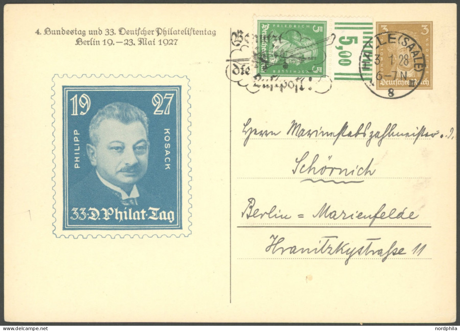 GANZSACHEN Privatpost: 1928, 3 Pf. Goethe Philipp Kosack, Ganzsachenkarte Geschrieben Von Hans Von Rudolphi (Mitarbeiter - Otros & Sin Clasificación