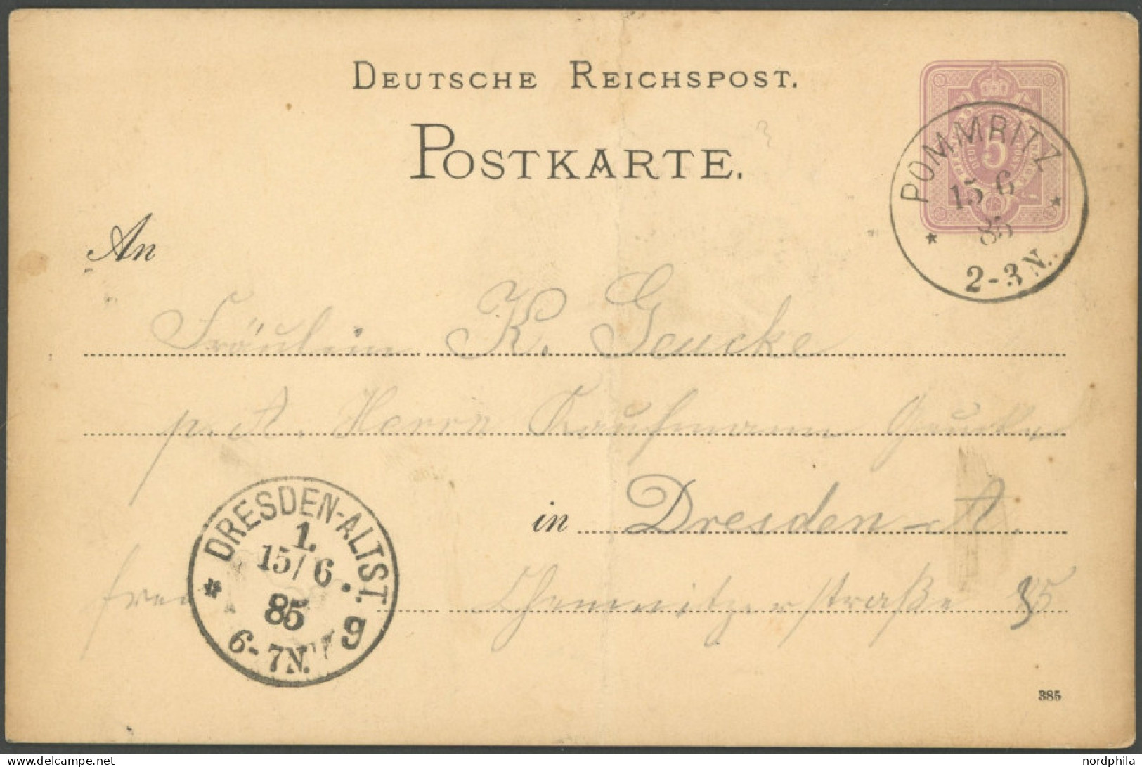 GANZSACHEN PP 66F35 BRIEF, Privatpost: 1885, 5 Pf. Violett, Rückseitiges Rechteckbild CZORNEBOH, Karte Von POMMRITZ Nach - Otros & Sin Clasificación