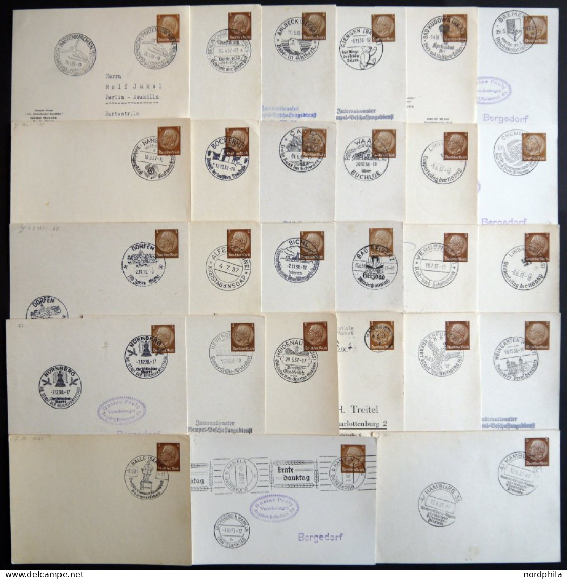 GANZSACHEN PP 121 BRIEF, Privatpost: 1937/8, 3 Pf. Hindenburg, 27 Karten Mit Verschiedenen Blanko-Sonderstempeln, Meist  - Autres & Non Classés
