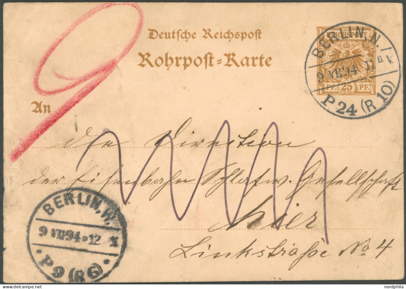 GANZSACHEN RP 8 BRIEF, 1894, 25 Pf. Rohrpostkarte, Rückseitiger Blauer R3 EISENB. SCHLAFWG. GES., Pracht - Sonstige & Ohne Zuordnung