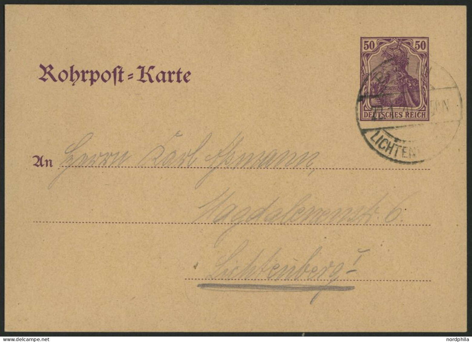 GANZSACHEN RP 20 BRIEF, 1920, 50 Pf. Dunkellila, Rohrpostkarte Nach Lichtenberg, Pracht, Mi. 120.- - Otros & Sin Clasificación