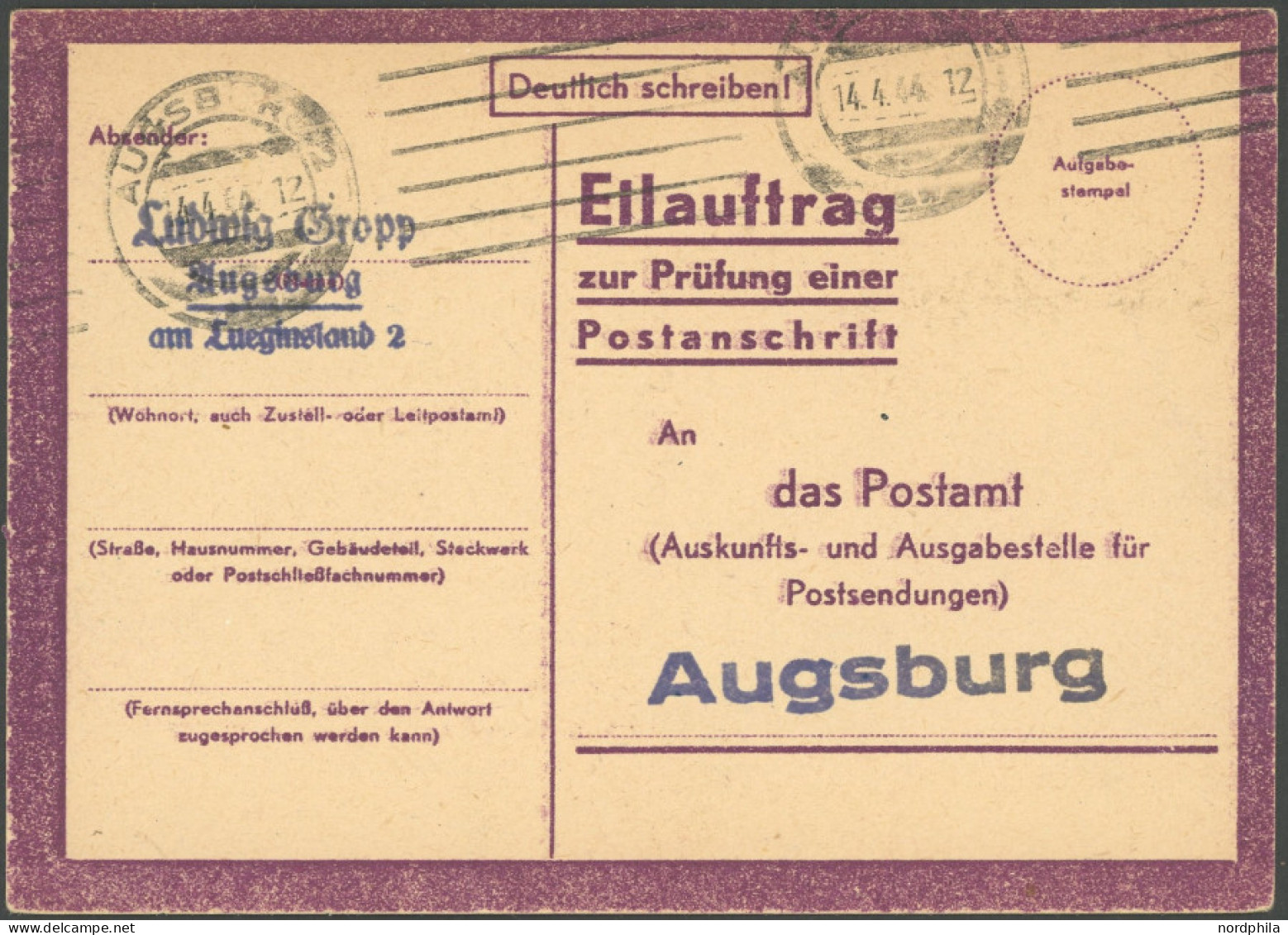 GANZSACHEN 1944, Eilauftrag - Anschriftenermittlungskarte In Violett, Pracht - Autres & Non Classés
