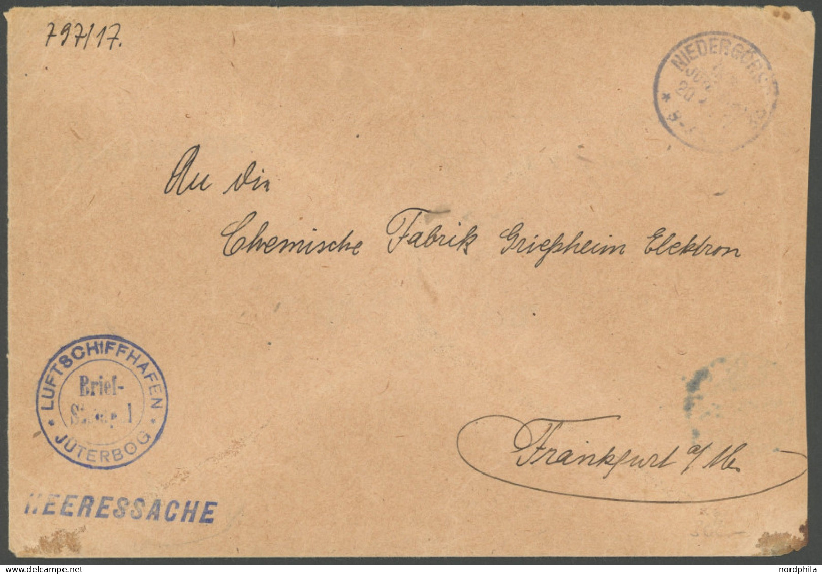 ZEPPELINPOST - MILITÄRLUFTSCHIFFAHRT 1916, Heeressache Mit Briefstempel LUFTSCHIFFHAFEN JÜTEBORG Und K1 NIEDERGÖRSDORF A - Luchtpost & Zeppelin