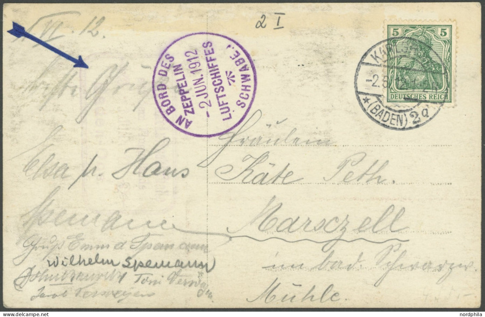 ZEPPELINPOST 2I BRIEF, Luftschiff Schwaben, Violetter Bordstempel Vom 2. JUN. 1912 Auf Zeppelin-Ansichtskarte Aus Karlsr - Luchtpost & Zeppelin