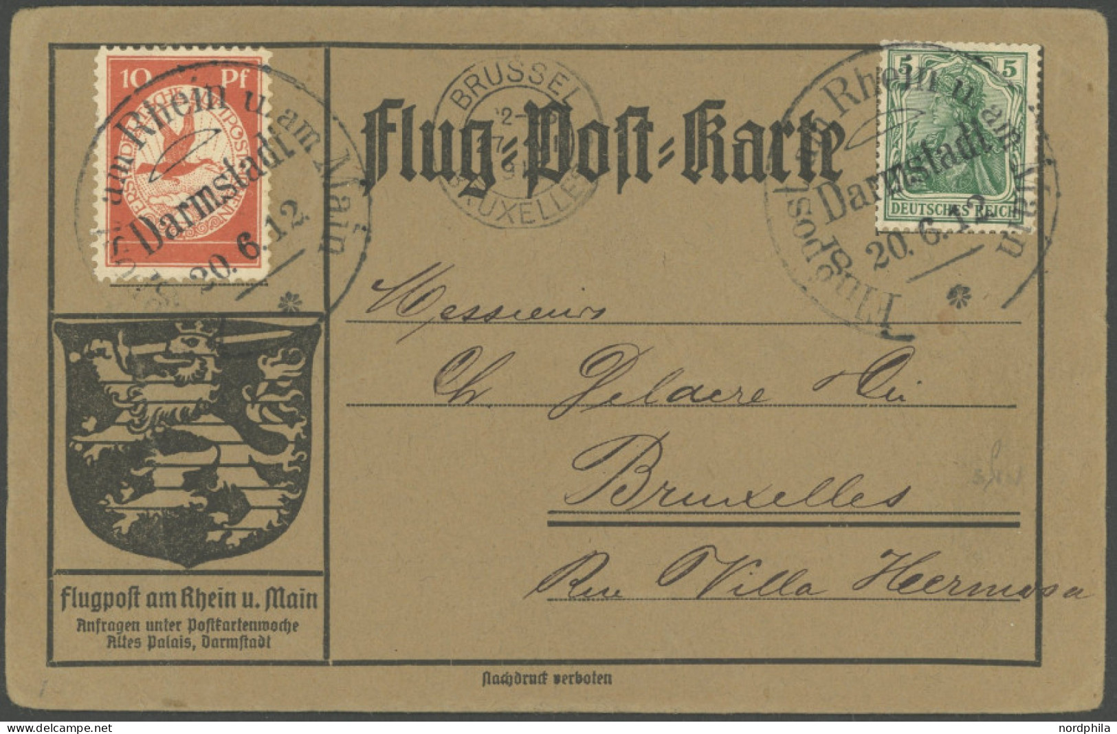 ZEPPELINPOST 10DA BRIEF, 1912, 10 Pf. Flp. Am Rhein Und Main Mit 5 Pf. Zusatzfrankatur Auf Flugpostkarte, Sonderstempel  - Airmail & Zeppelin