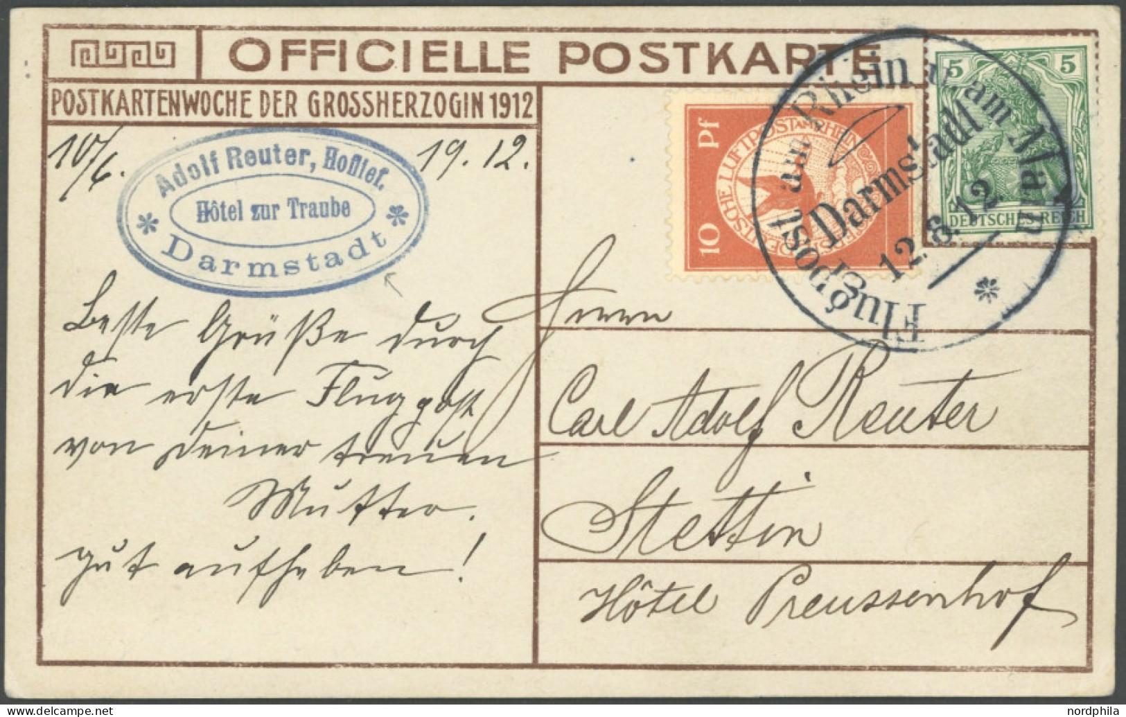 ZEPPELINPOST 10DA BRIEF, 1912, 10 Pf. Flp. Am Rhein Und Main Mit 5 Pf. Zusatzfrankatur Auf Offizieller Postkarte Großher - Luft- Und Zeppelinpost