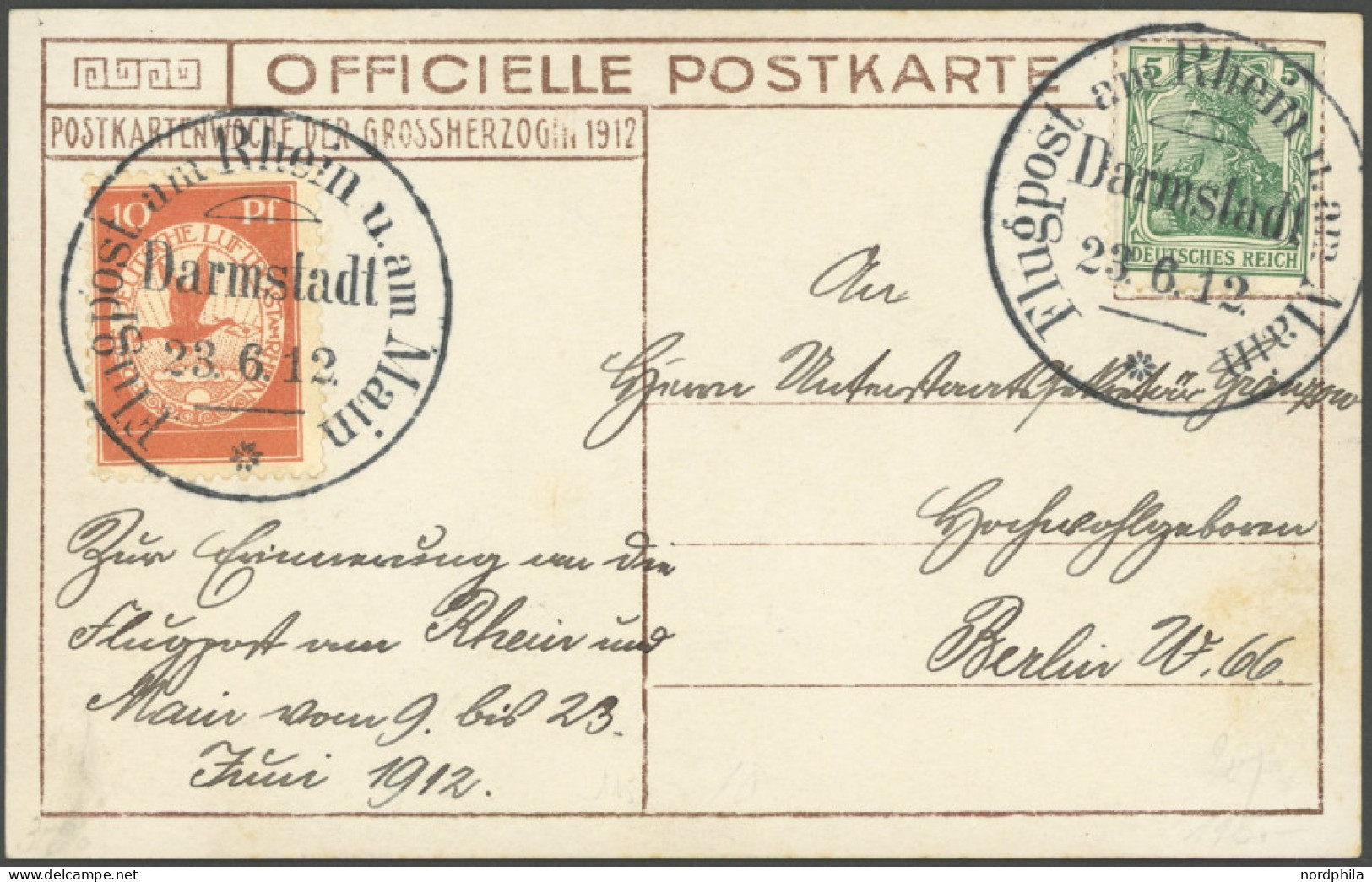 ZEPPELINPOST 10 BRIEF, 1912, 10 Pf. Flp. Am Rhein Und Main Mit 5 Pf. Zusatzfrankatur Auf Offizieller Postkarte Großherzo - Luft- Und Zeppelinpost