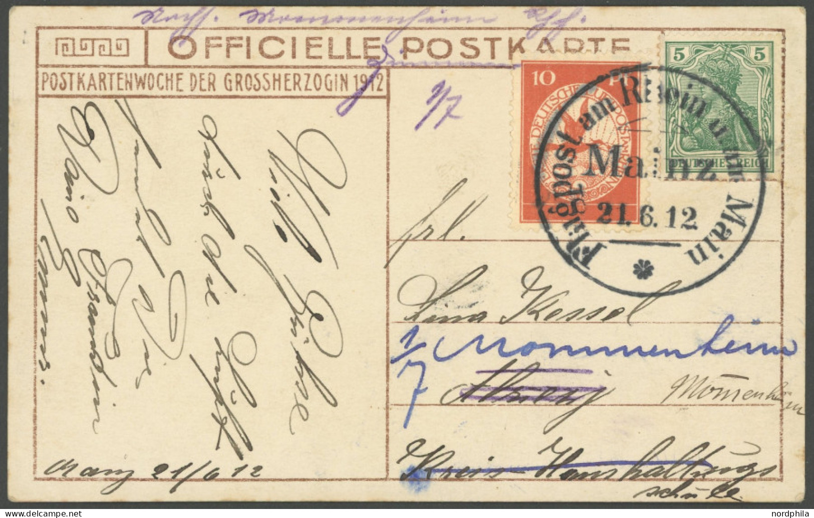 ZEPPELINPOST 10MZ BRIEF, 1912, 10 Pf. Flp. Am Rhein Und Main Mit 5 Pf. Zusatzfrankatur Auf Offizieller Postkarte Großher - Airmail & Zeppelin