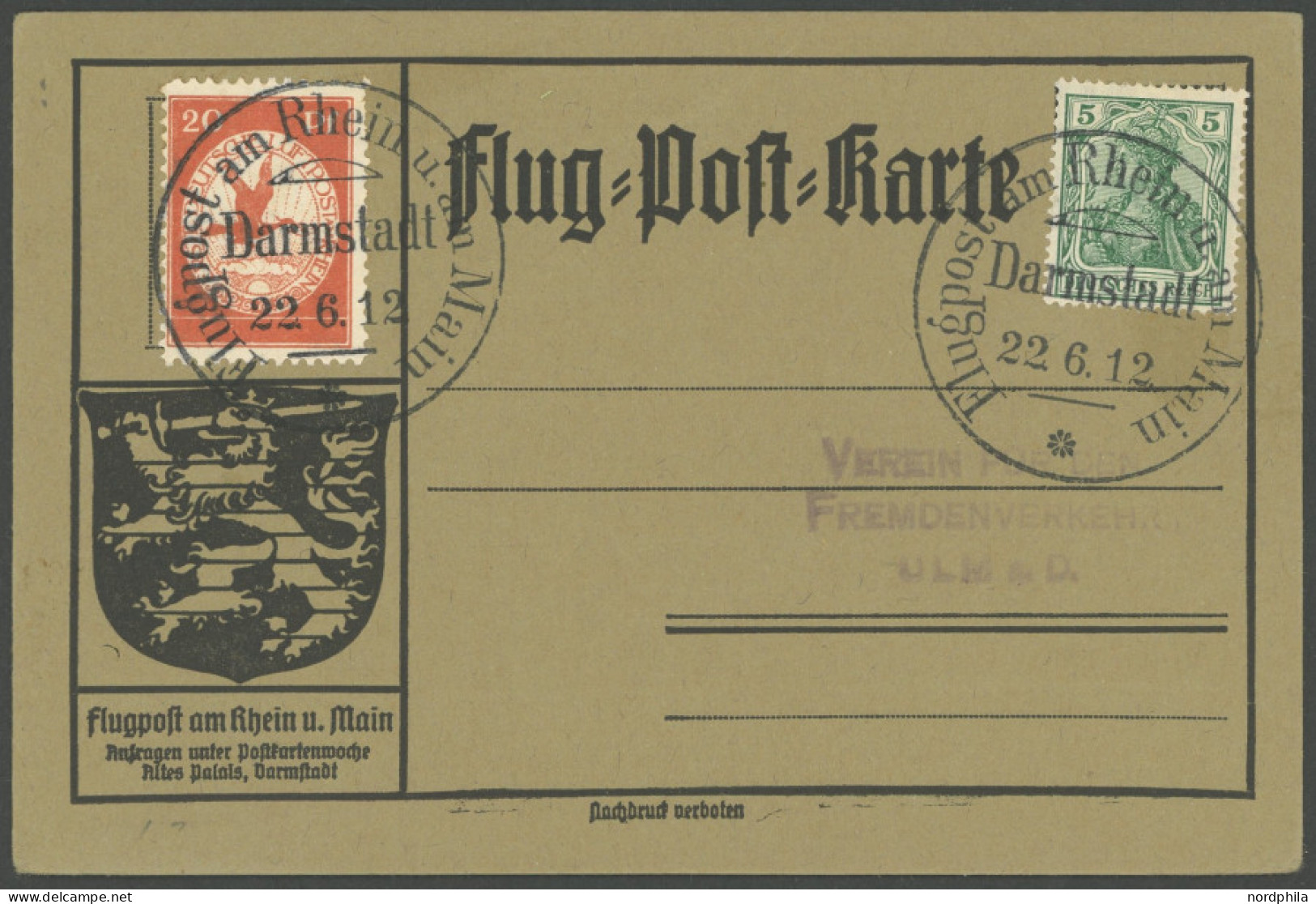 ZEPPELINPOST 11DA BRIEF, 1912, 20 Pf. Flp. Am Rhein Und Main Mit 5 Pf. Zusatzfrankatur Auf Flugpostkarte, Sonderstempel  - Correo Aéreo & Zeppelin