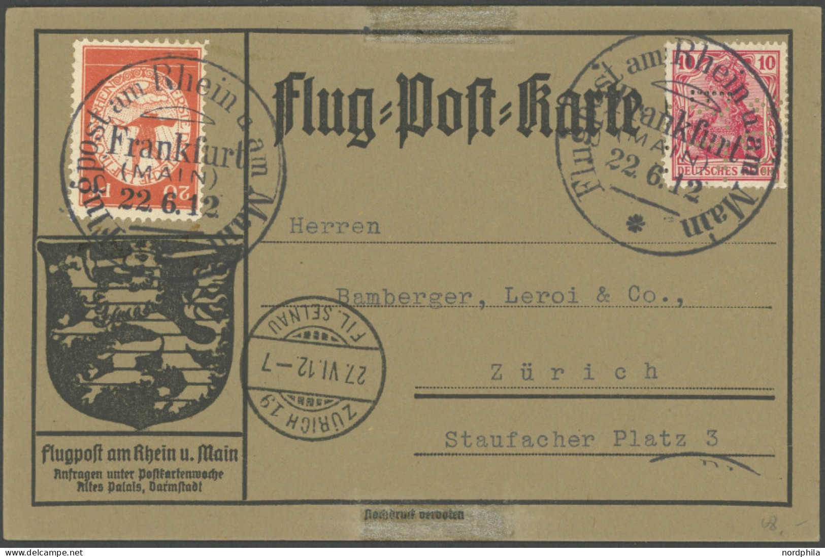 ZEPPELINPOST 11FR BRIEF, 1912, 20 Pf. Flp. Am Rhein Und Main Mit 20 Pf. Zusatzfrankatur Auf Flugpostkarte, Sonderstempel - Airmail & Zeppelin