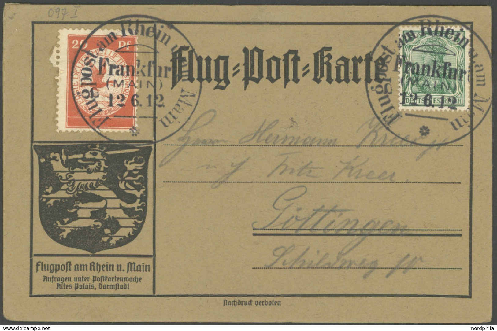 ZEPPELINPOST 11FR BRIEF, 1912, 20 Pf. Flp. Am Rhein Und Main Mit 5 Pf. Zusatzfrankatur Auf Flugpostkarte, Sonderstempel  - Correo Aéreo & Zeppelin