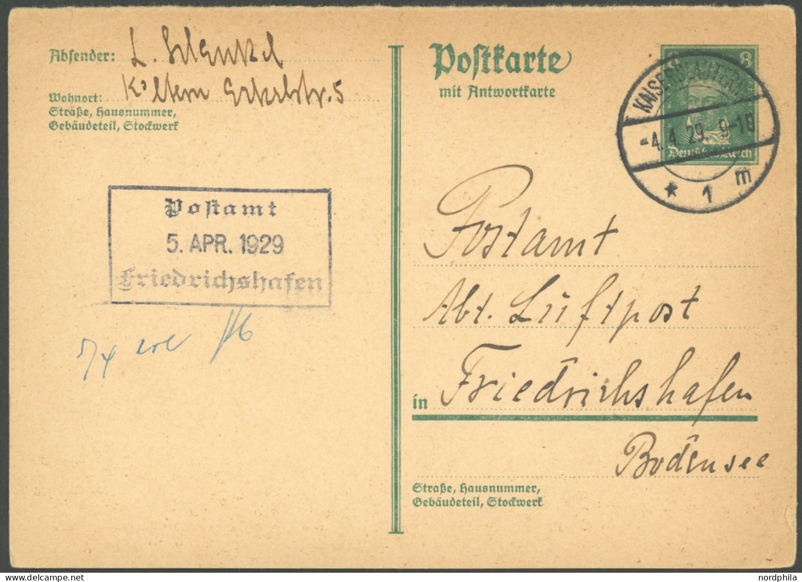 ZEPPELINPOST 24 BRIEF, 1928, Mittelmeerfahrt, Zeppelinpost-Anfrage Auf 8 Pf. Ganzsachenkarte (P 177IF) Aus Kaiserslauter - Correo Aéreo & Zeppelin