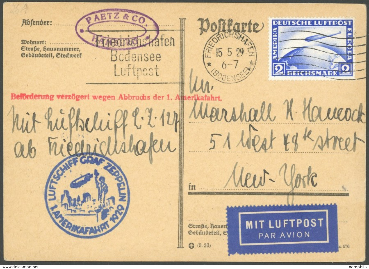 ZEPPELINPOST 26A BRIEF, 1929, Amerikafahrt, Auflieferung Friedrichshafen, Mit Maschinenstempel Fahne Beidseitig, Prachtk - Poste Aérienne & Zeppelin