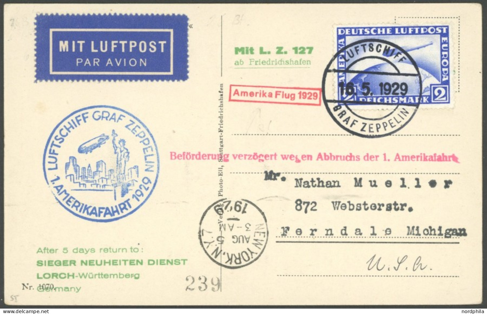 ZEPPELINPOST 26B BRIEF, 1929, Amerikafahrt, Bordpost, Prachtkarte - Poste Aérienne & Zeppelin