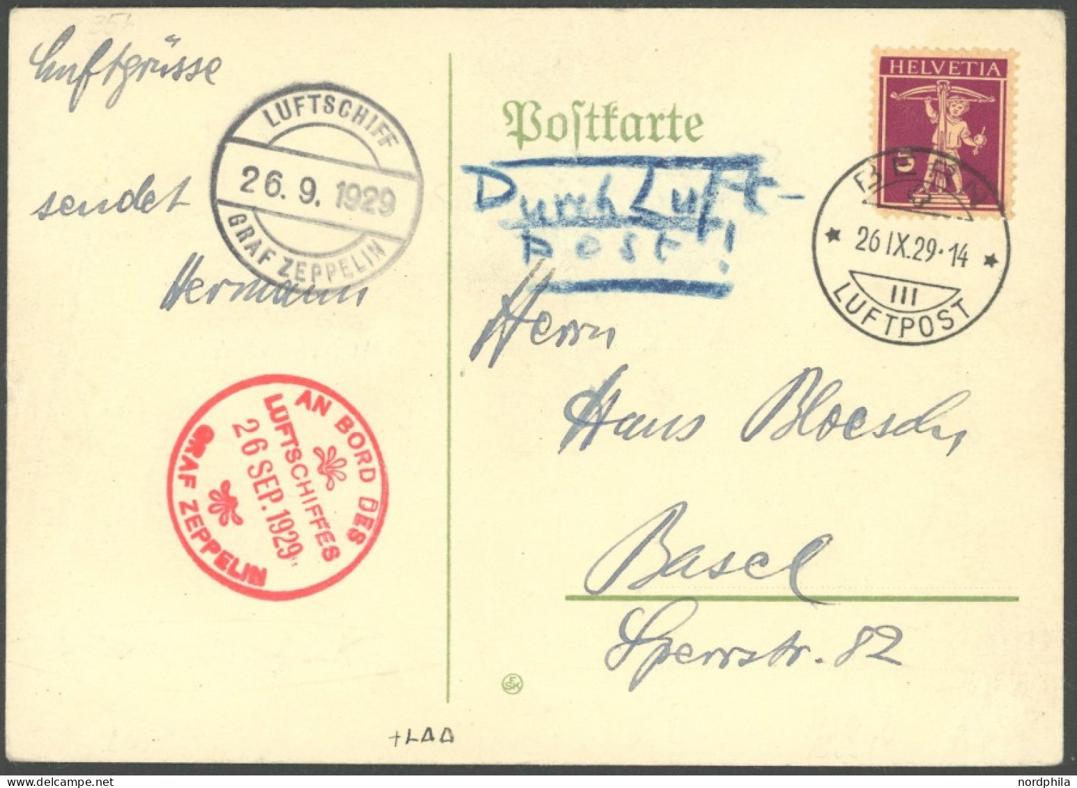 ZULEITUNGSPOST 35h BRIEF, Schweiz: 1929, Schweizfahrt, Abwurf Bern, Prachtkarte - Luft- Und Zeppelinpost
