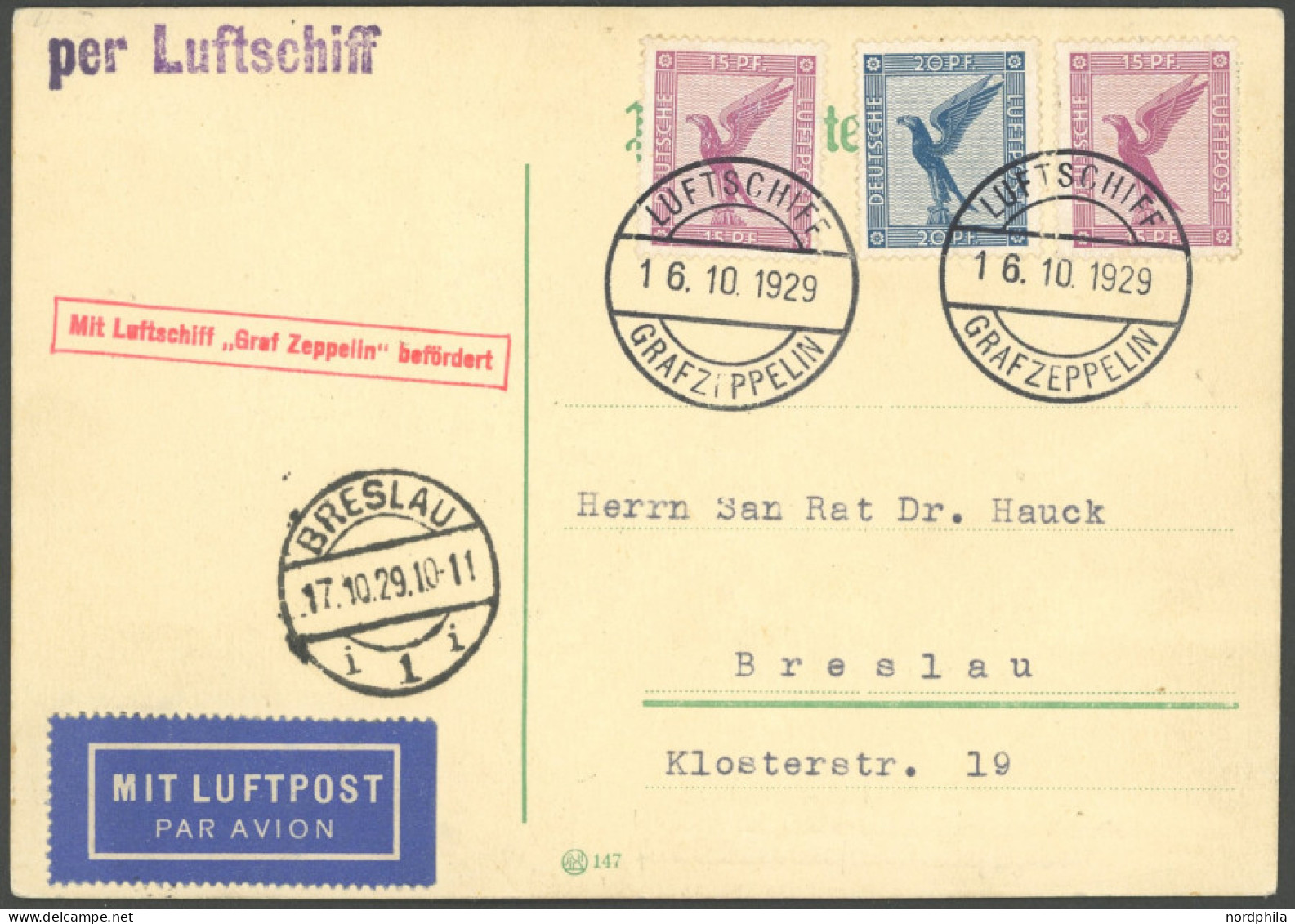 ZEPPELINPOST 43B BRIEF, 1929, Schlesienfahrt, Abwurf Breslau, Bordpost Vom 16.10.29, Prachtkarte - Correo Aéreo & Zeppelin